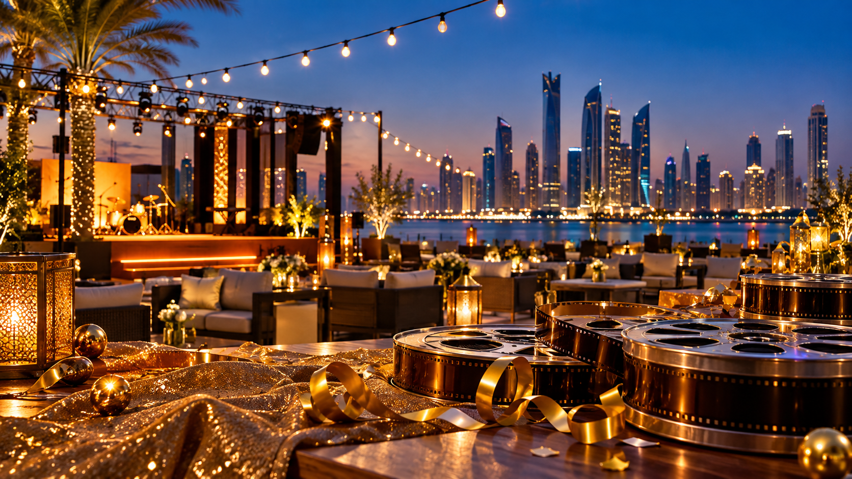 Outdoor festive stage preparations under string lights