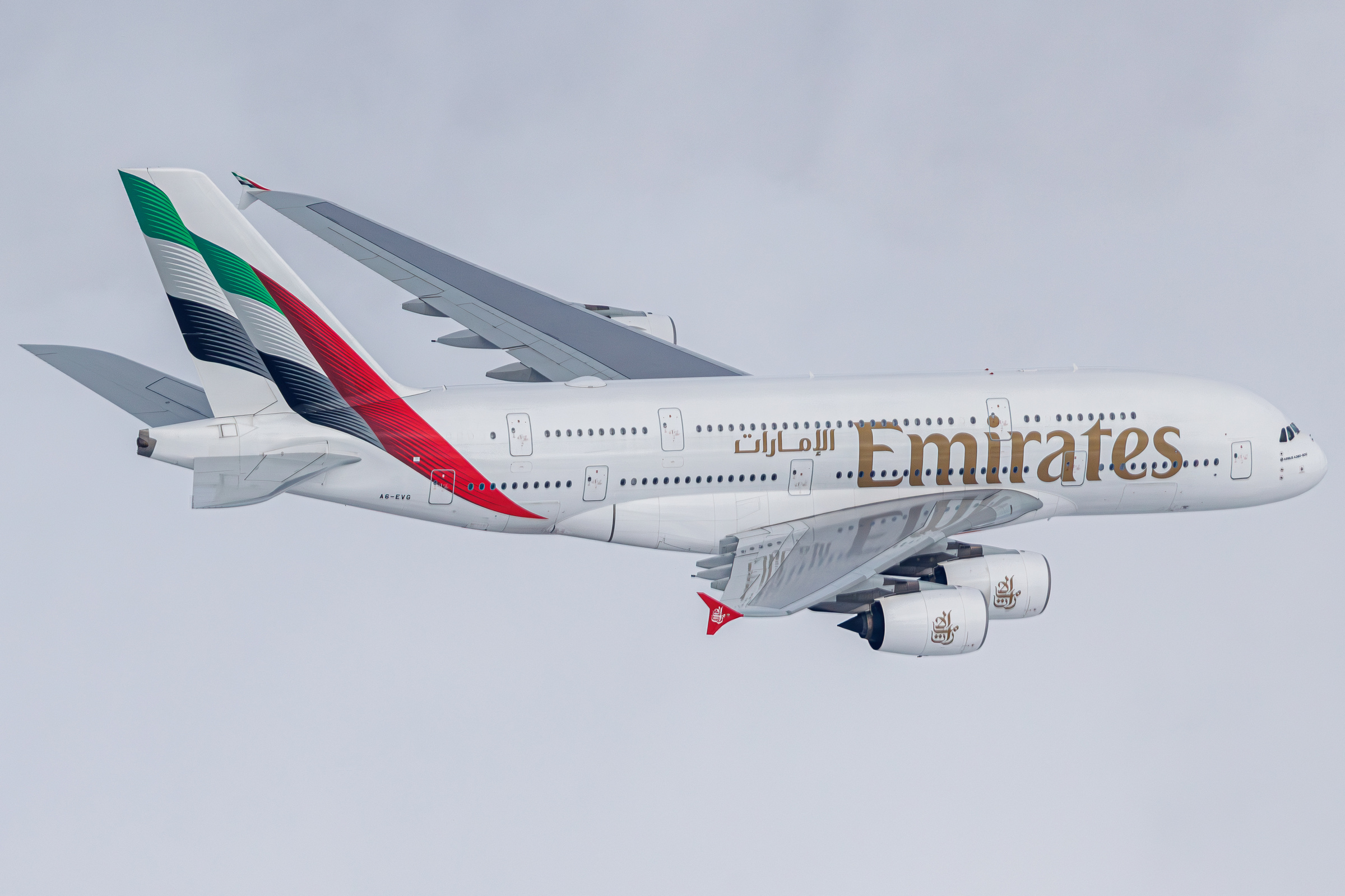 Emirates Airbus A380 A6-EVG in flight near Los Angeles on 21 February 2025