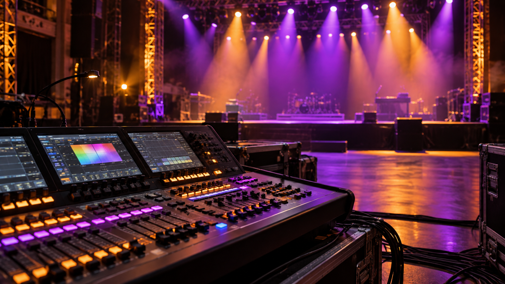 Lighting control desk overlooking an empty stage
