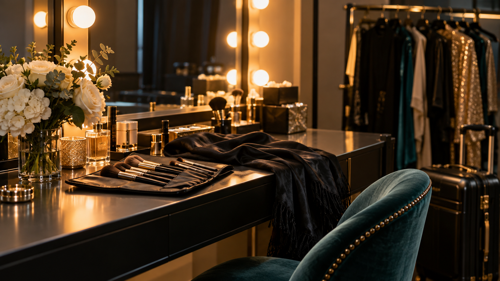 An unoccupied dressing room with a lit mirror and garment rack