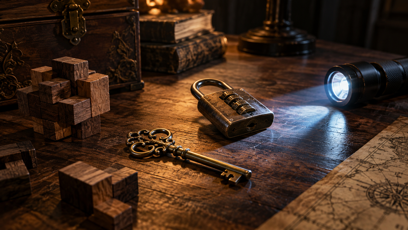 An antique key, combination lock and puzzle pieces in dramatic light