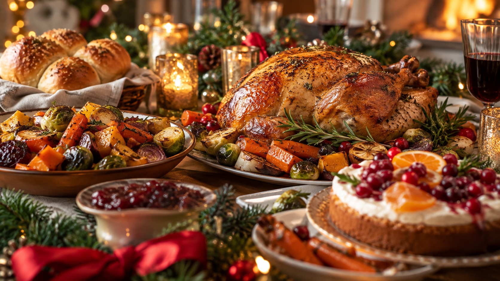 Festive roast vegetables, bread and dessert on a decorated dining table