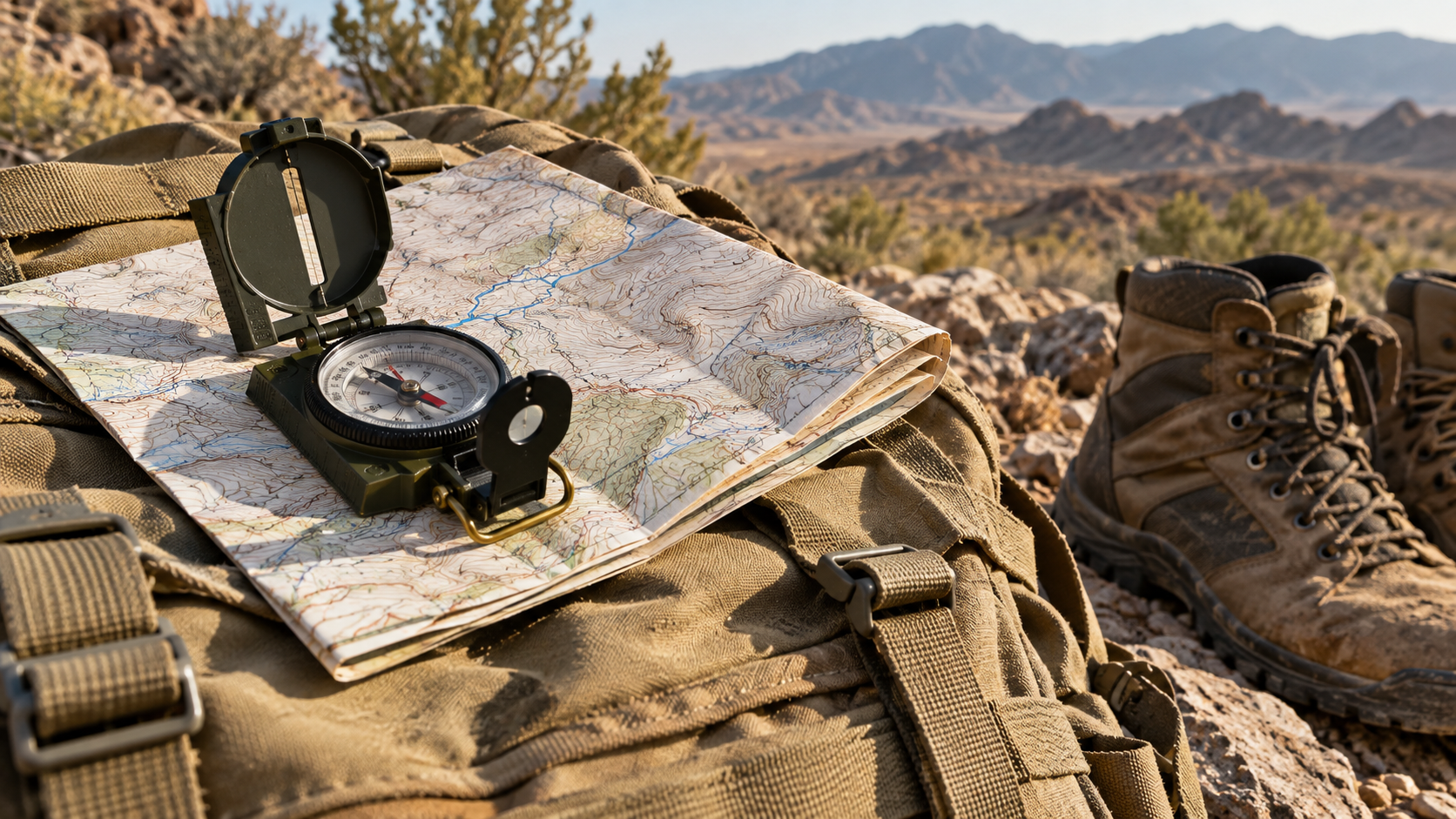 Compass and folded map on an outdoor training pack