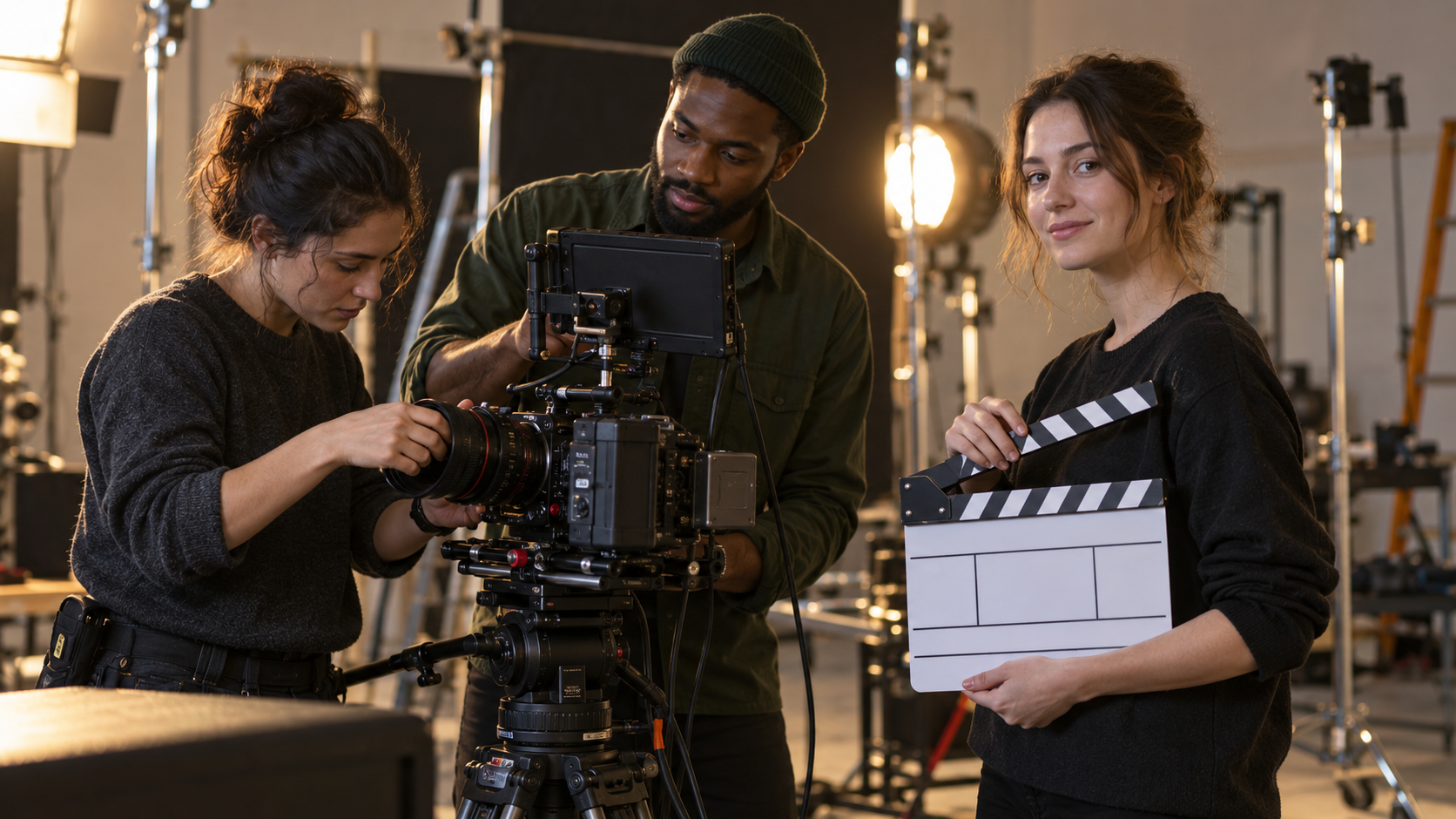 A film crew preparing camera equipment