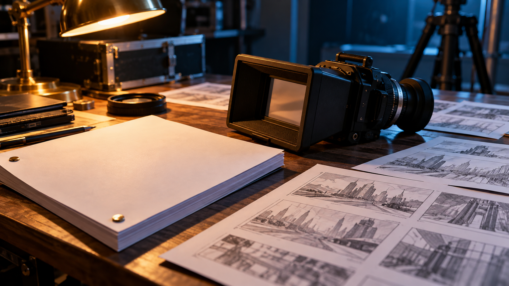A director’s viewfinder beside a screenplay and visual effects sketches