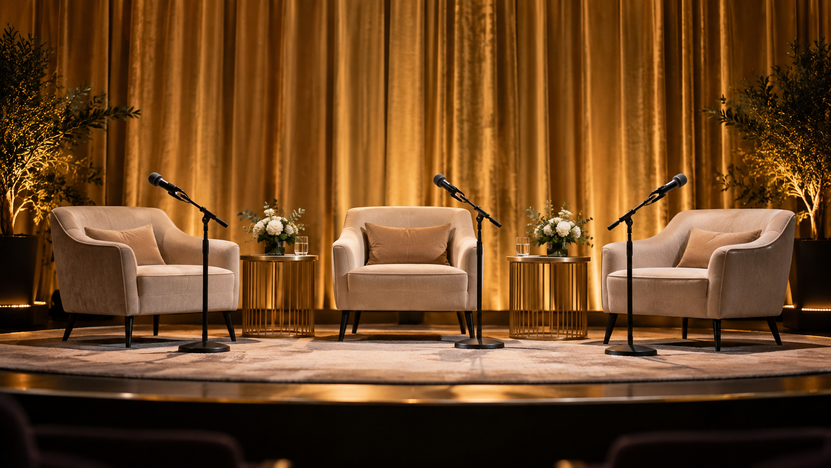 Three microphones arranged for a cinema panel discussion