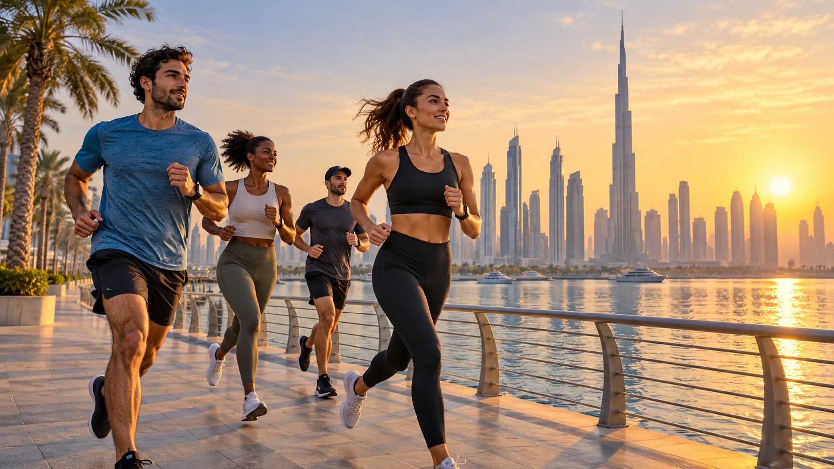 Runners on a waterfront promenade at sunrise