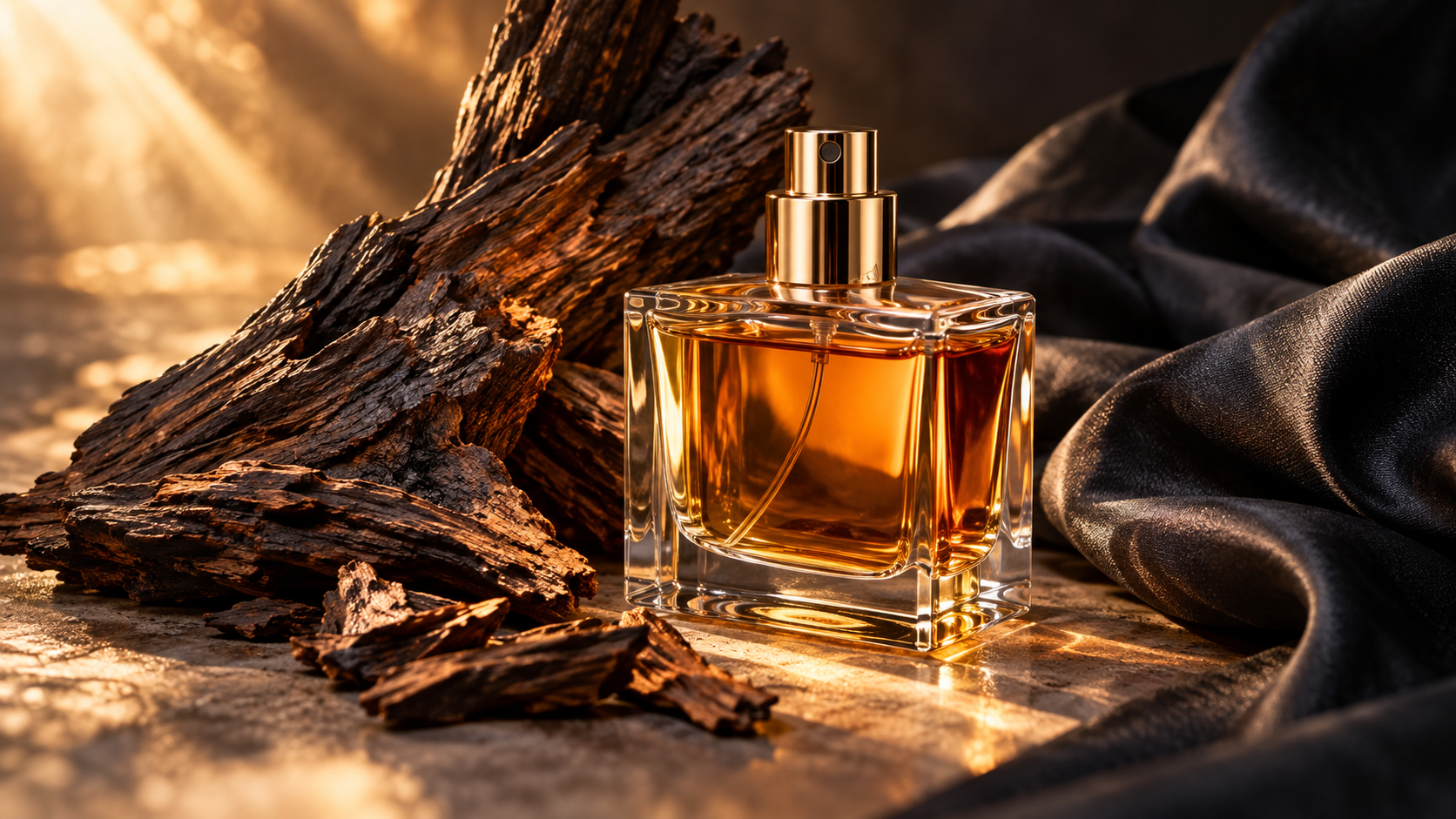 Amber perfume bottle with oud wood on a stone surface