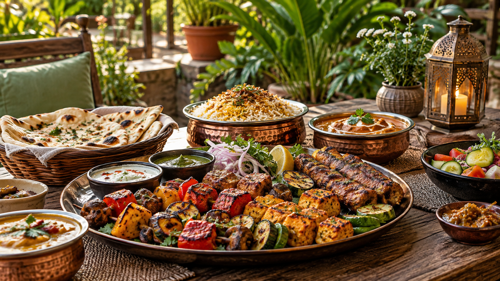 An Indian sharing platter arranged beside garden foliage