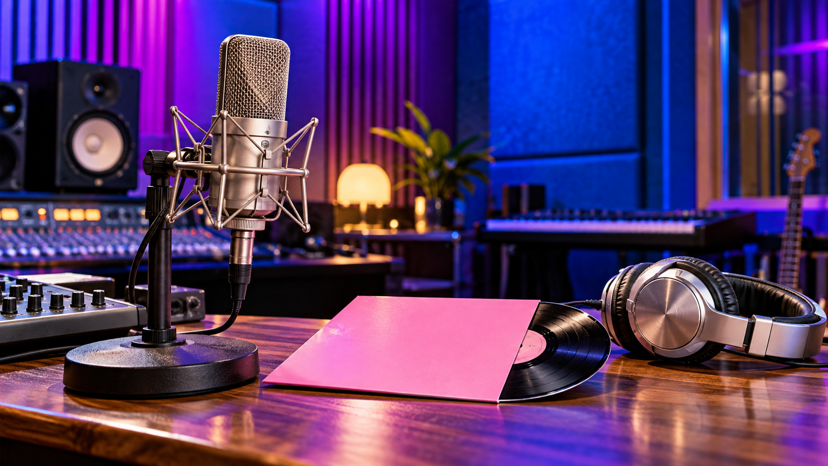 Studio microphone and headphones beside a pink record sleeve