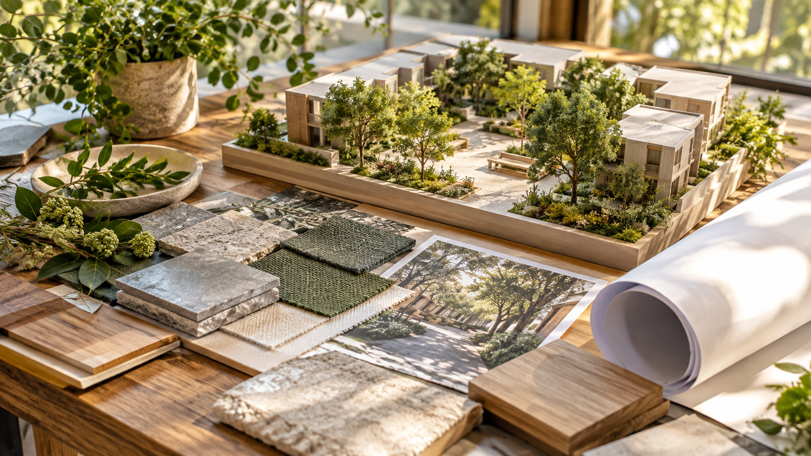 Landscape design materials and planting samples on an architect’s desk