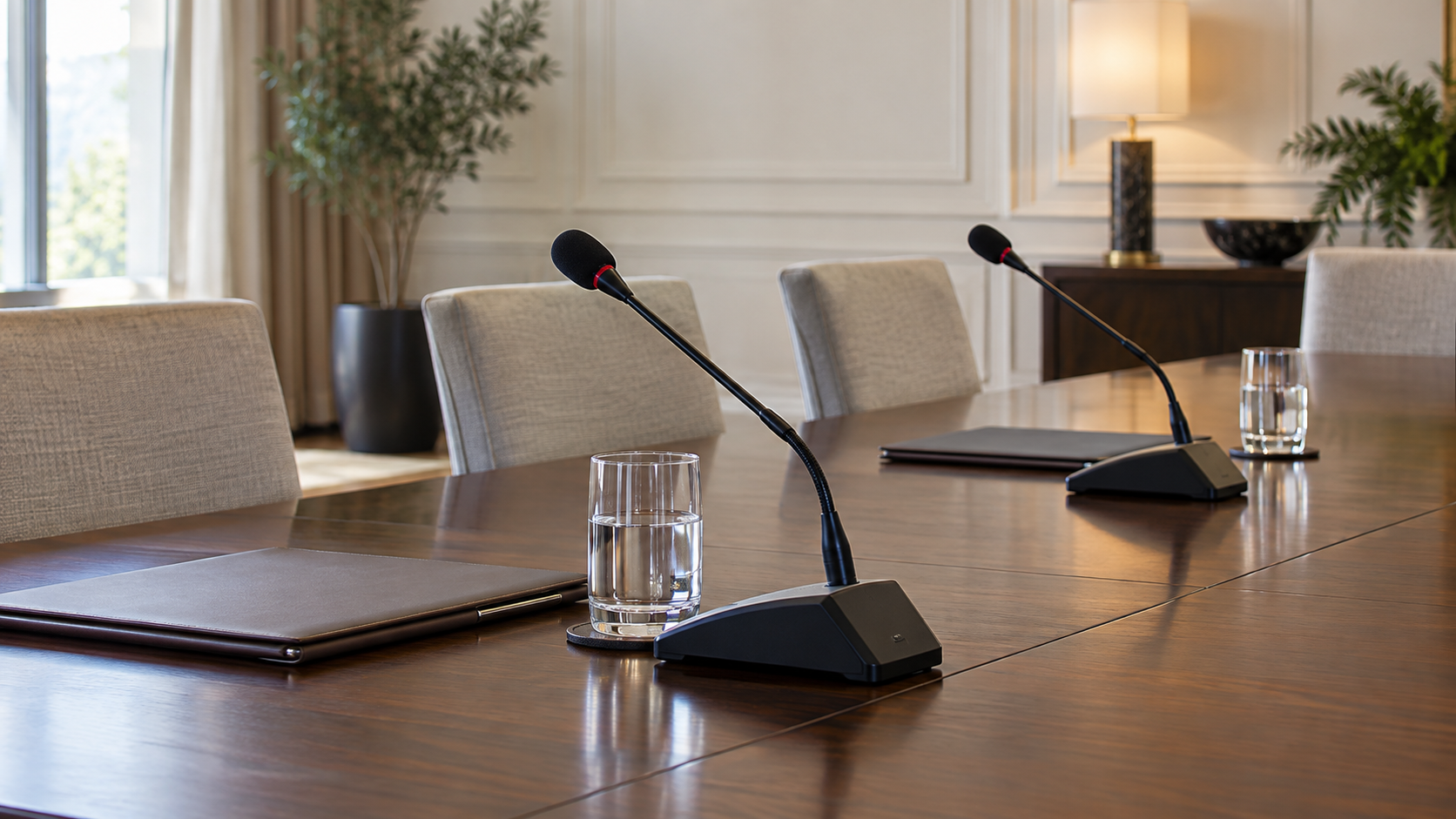 Conference microphones and empty chairs in a meeting room