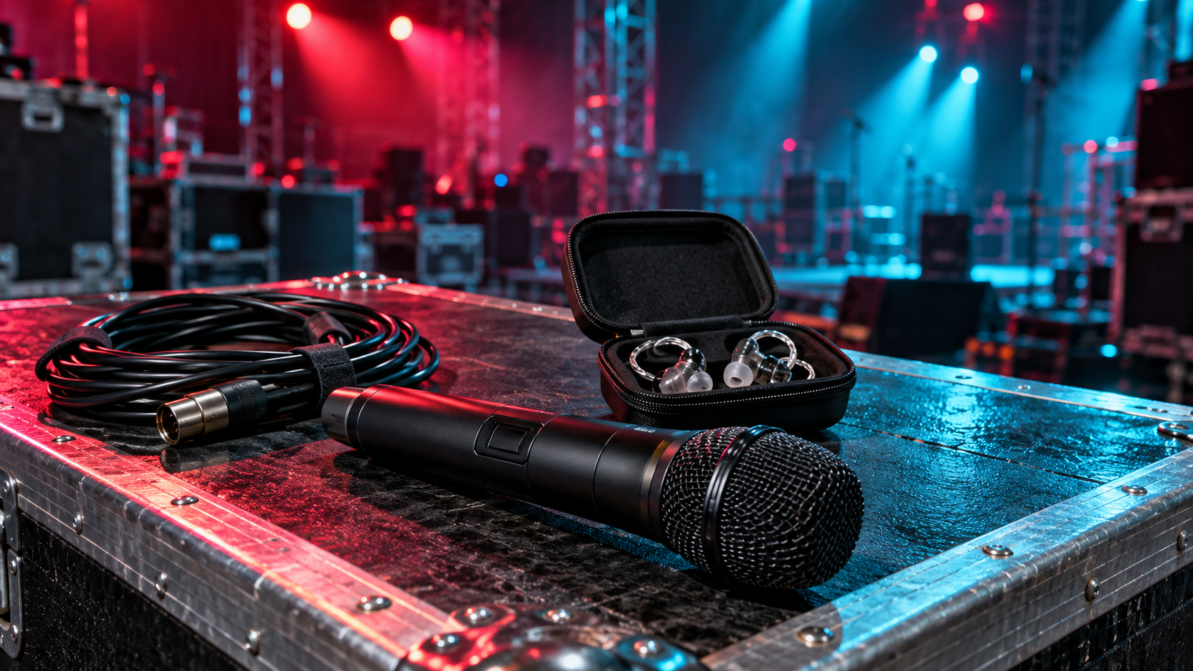 Wireless microphone and monitor case on touring equipment
