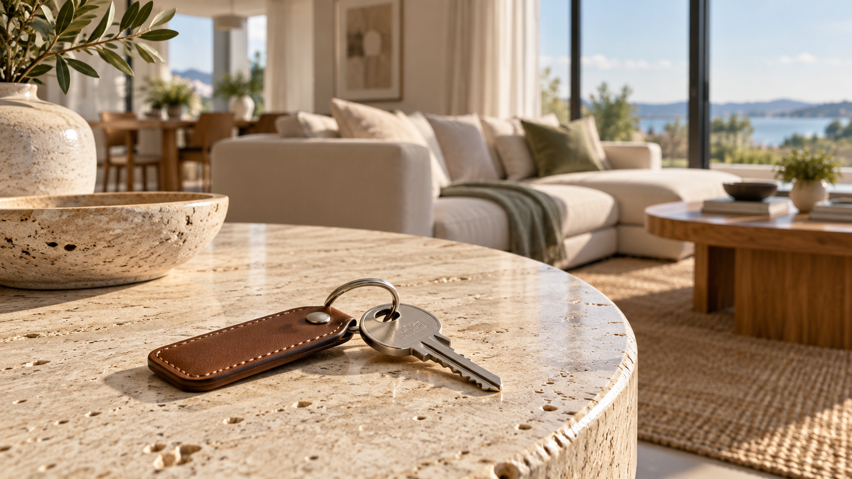 Apartment keys on a table beside a bright living space