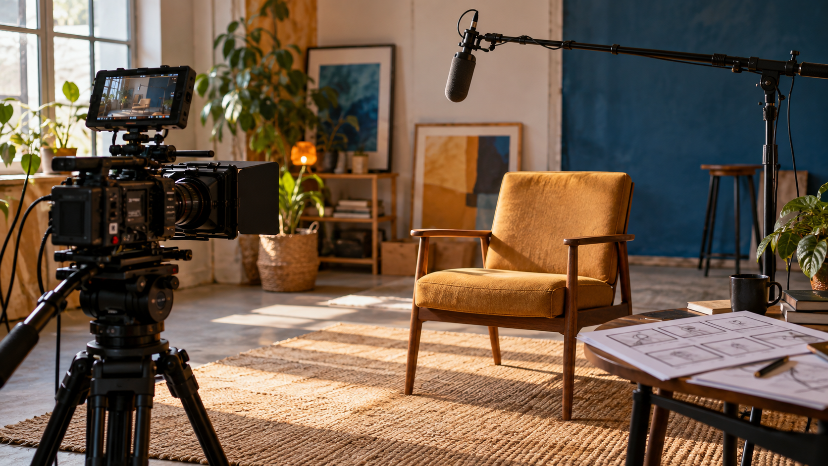A camera rig, boom microphone and storyboard pages on a filming workspace