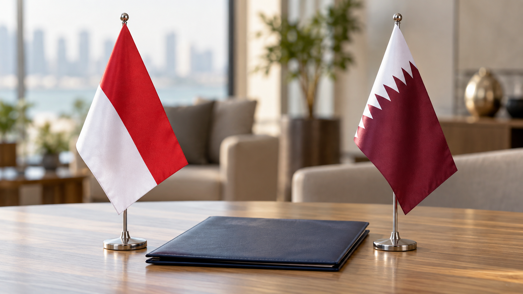 Indonesian and Qatari desk flags beside a closed folder