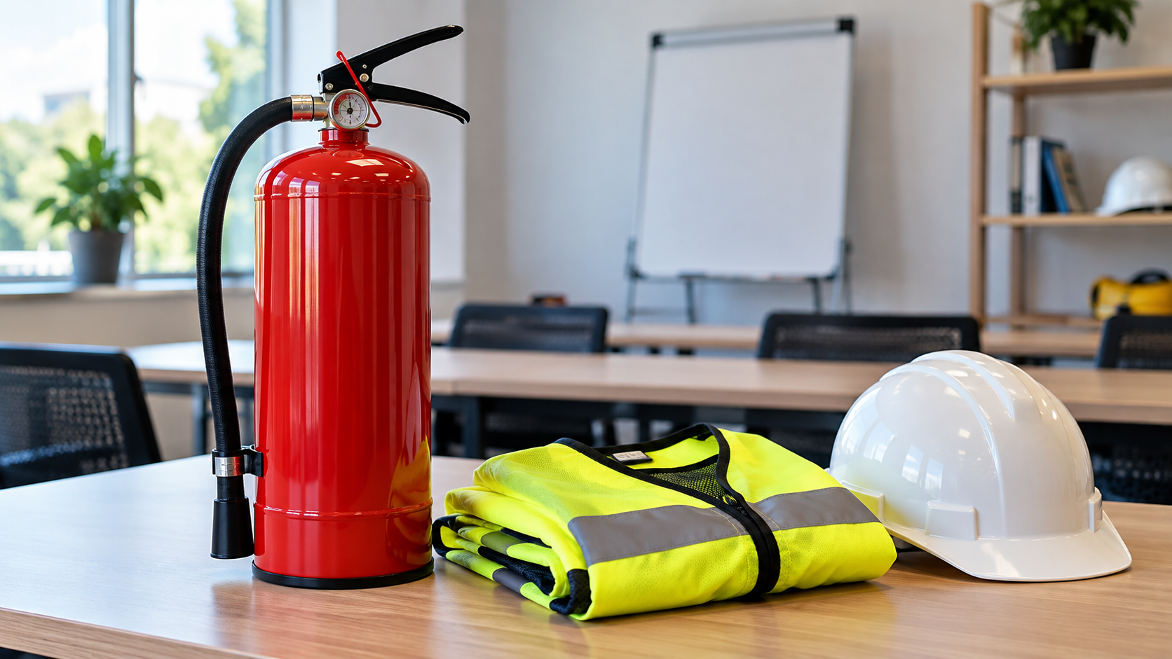 Fire extinguisher, reflective safety vest and hard hat in a training room