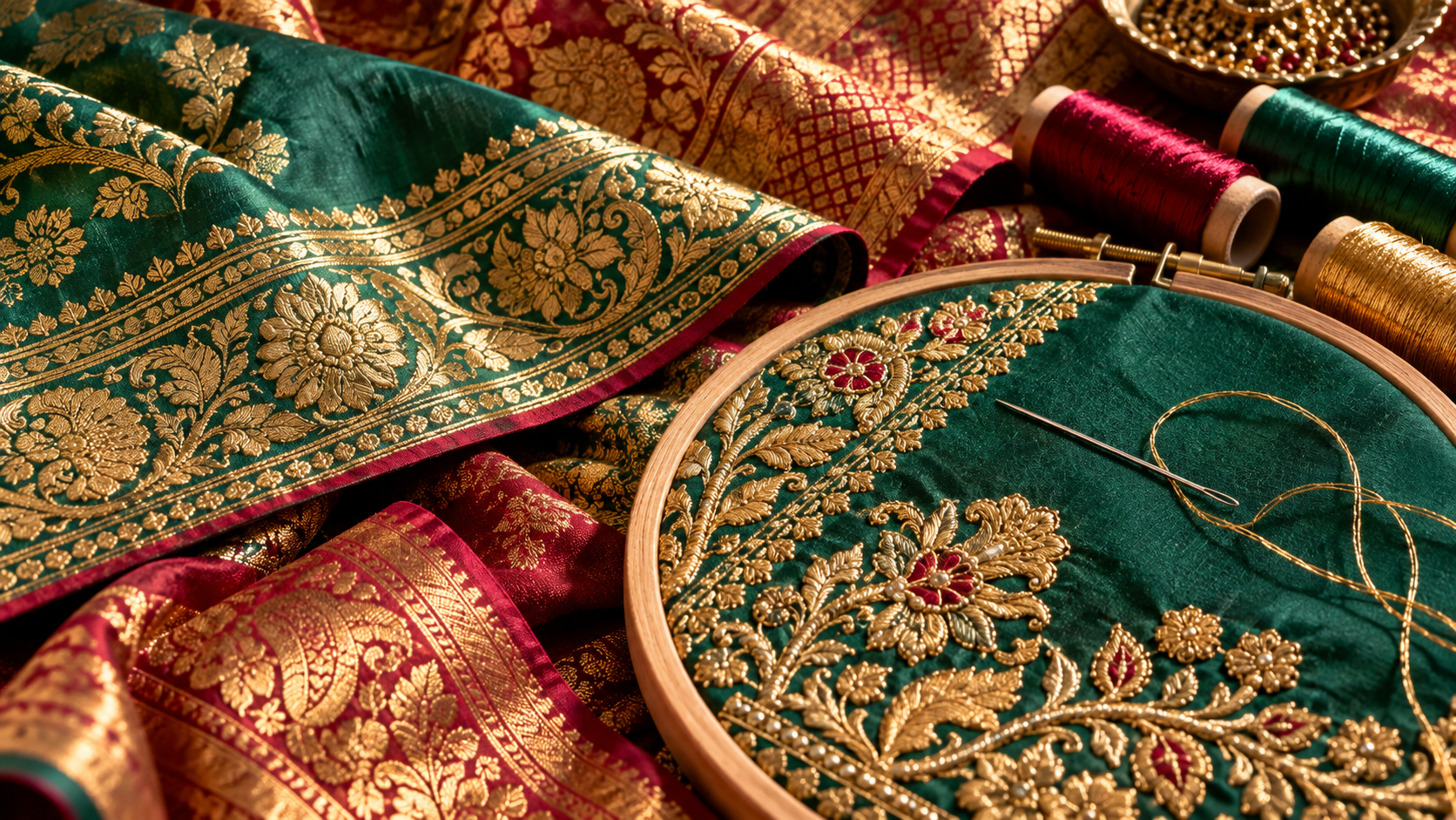 Gold embroidery on emerald and ruby silk textiles