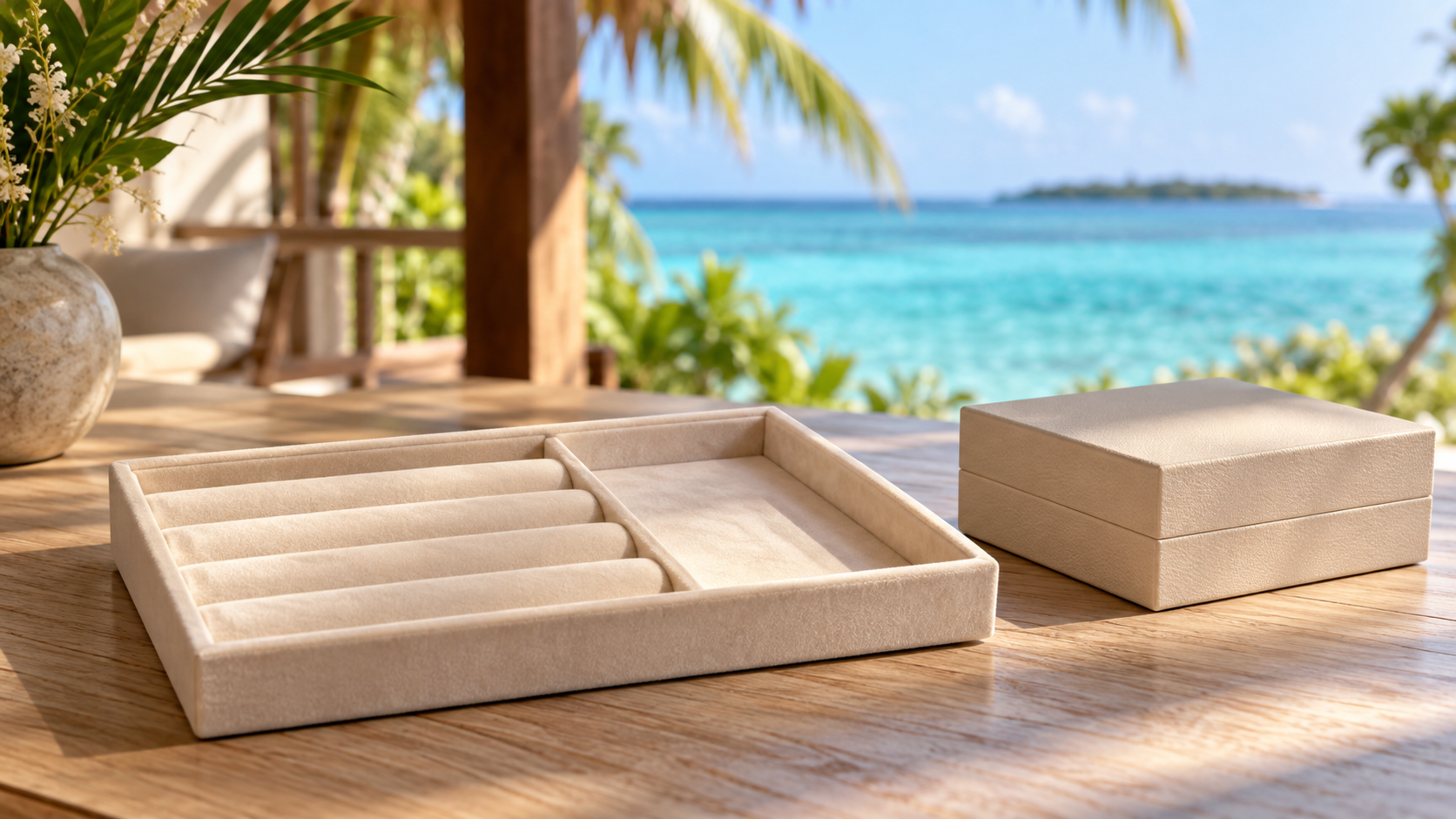 Empty jewellery presentation tray and closed box beside tropical water