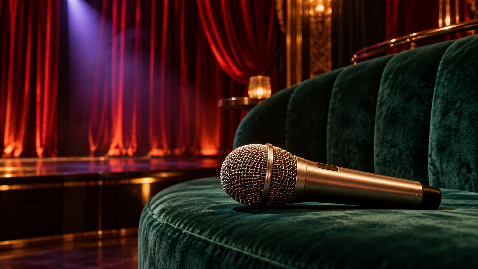 Microphone resting on a velvet seat near theatre curtains