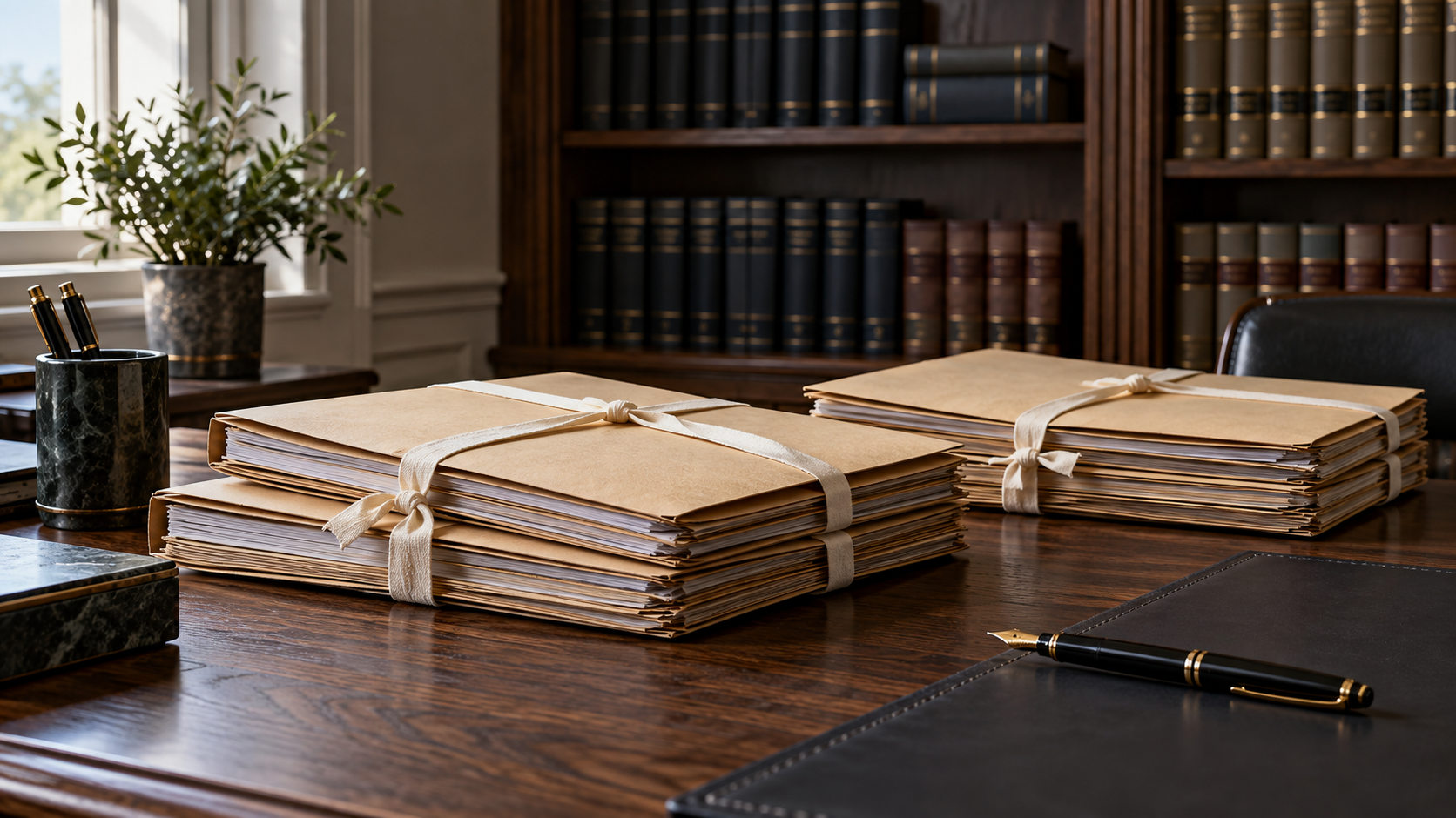 Closed case folders and a pen on a legal office desk