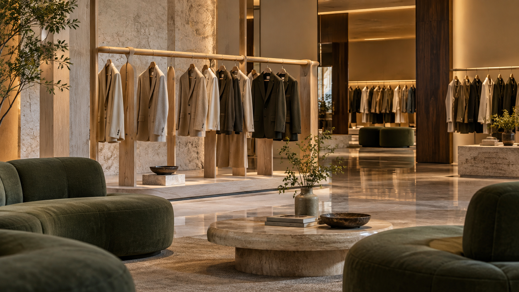 Clothing rails in a softly lit boutique interior