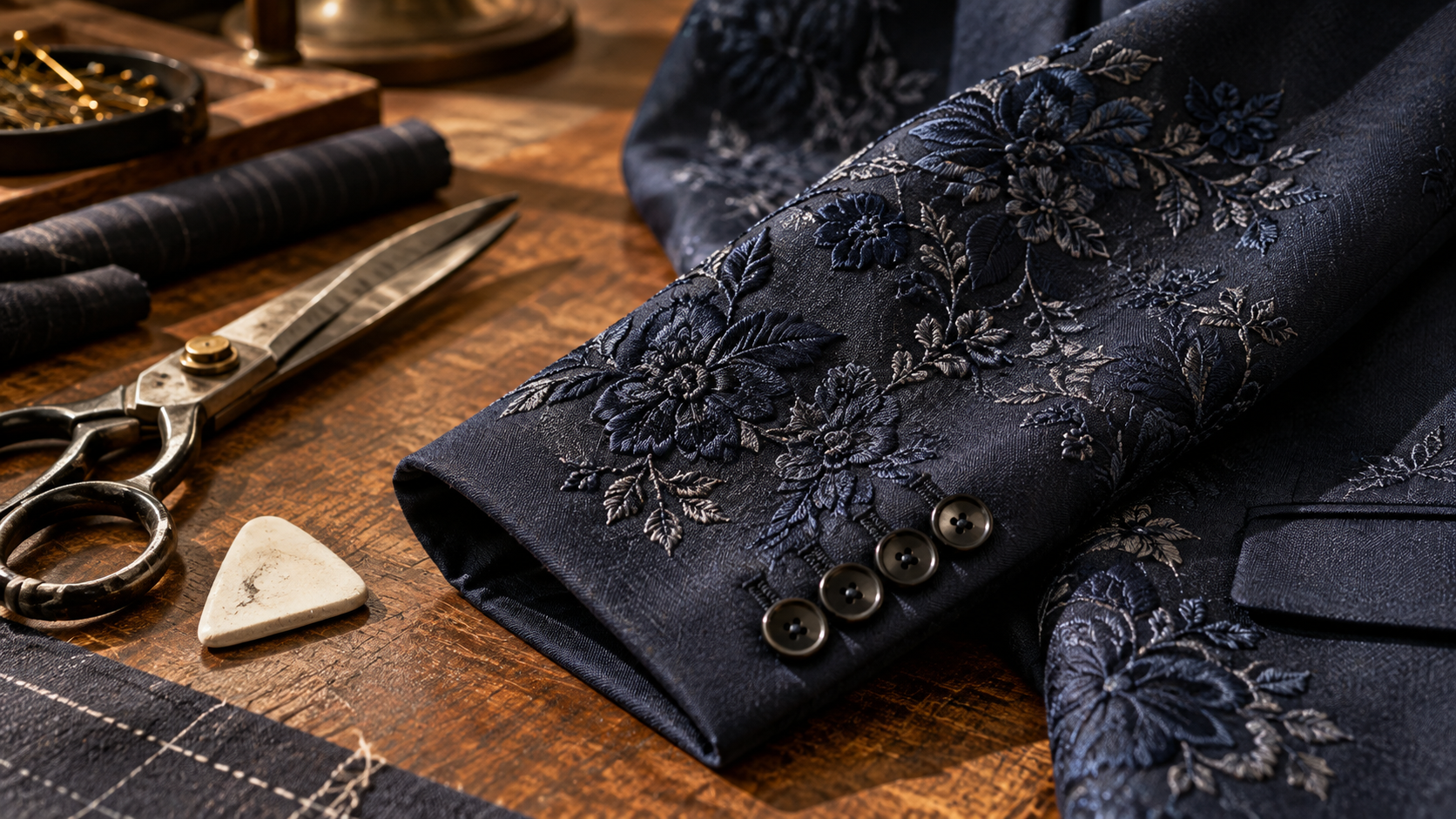 Embroidered jacket sleeve and tailoring tools
