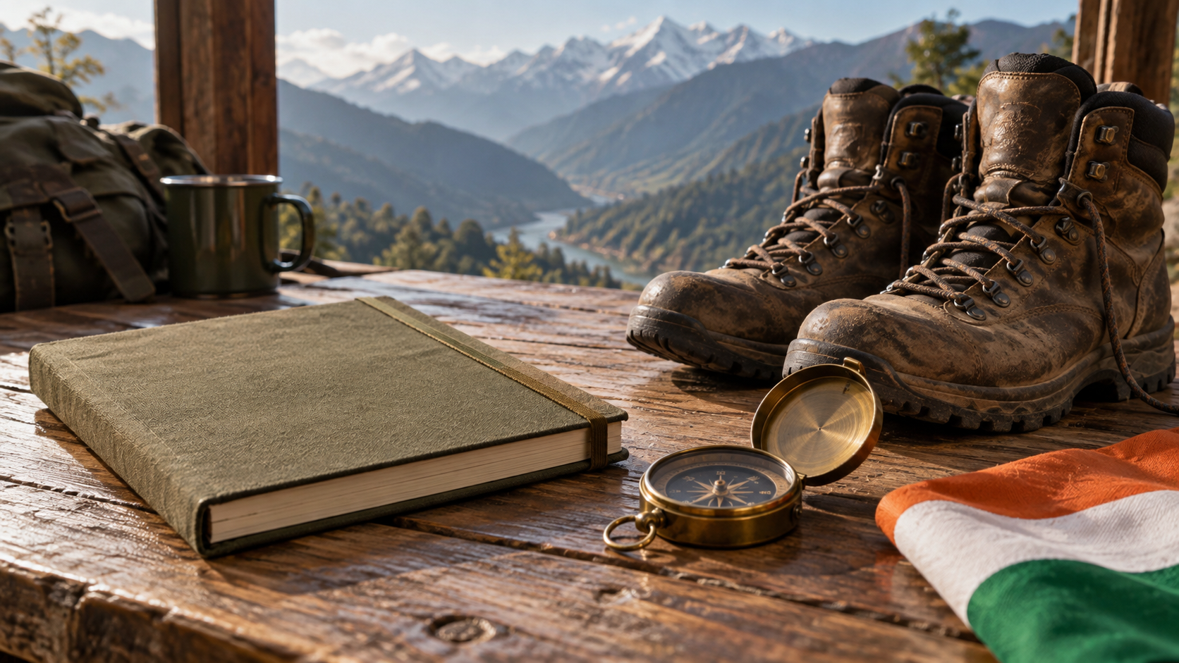 Canvas notebook and compass beside hiking boots and folded Indian tricolour cloth