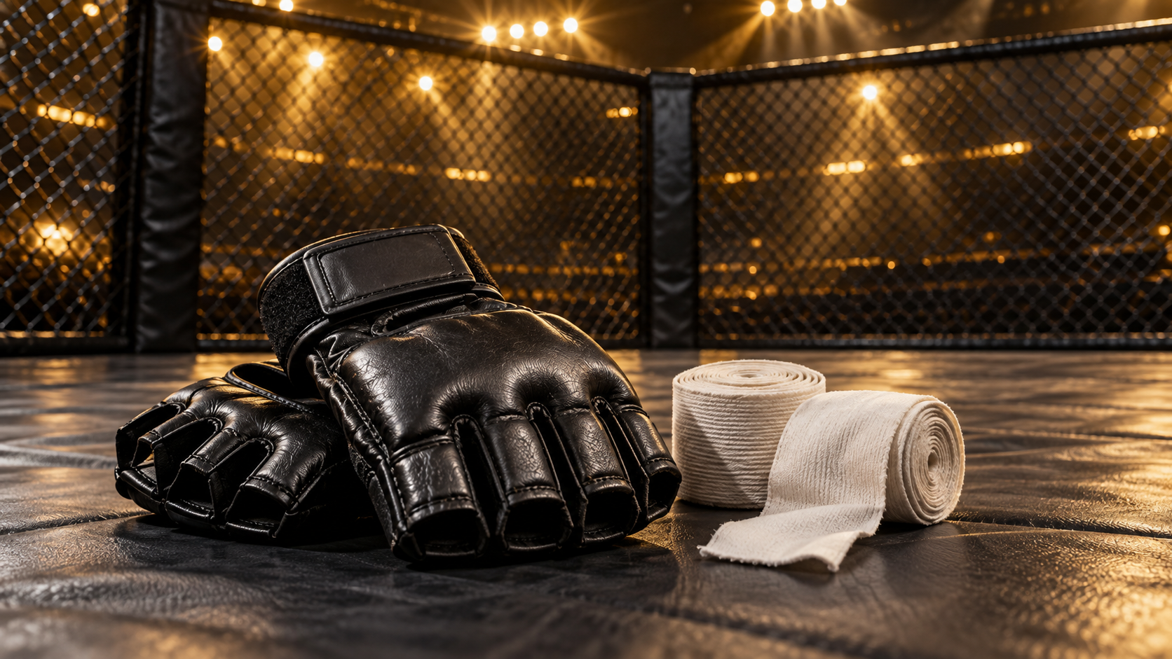 Mixed martial arts gloves and hand wraps beside a training cage