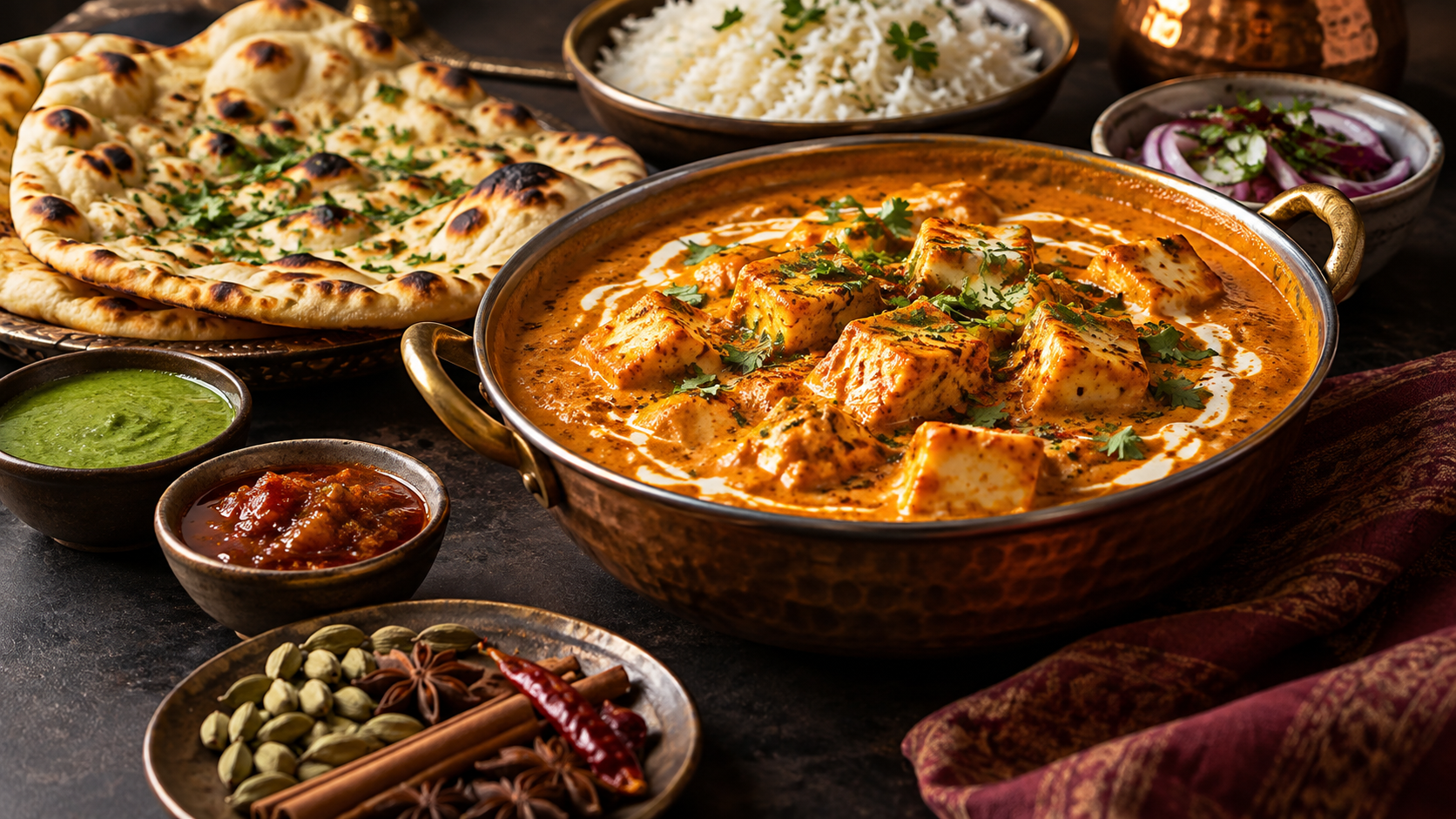 Modern Indian dishes with naan and aromatic spices
