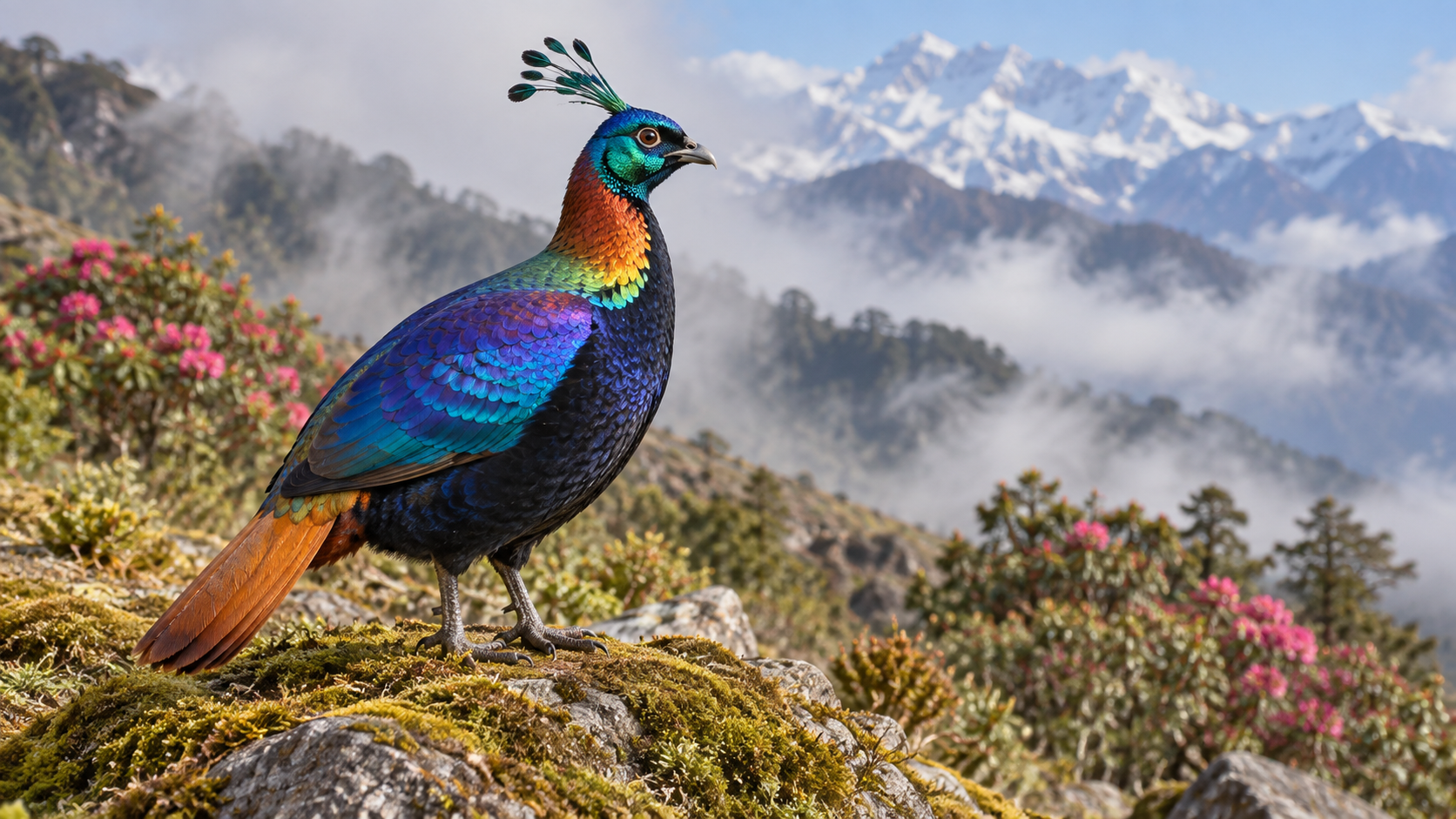 Himalayan monal standing on a moss-covered rock