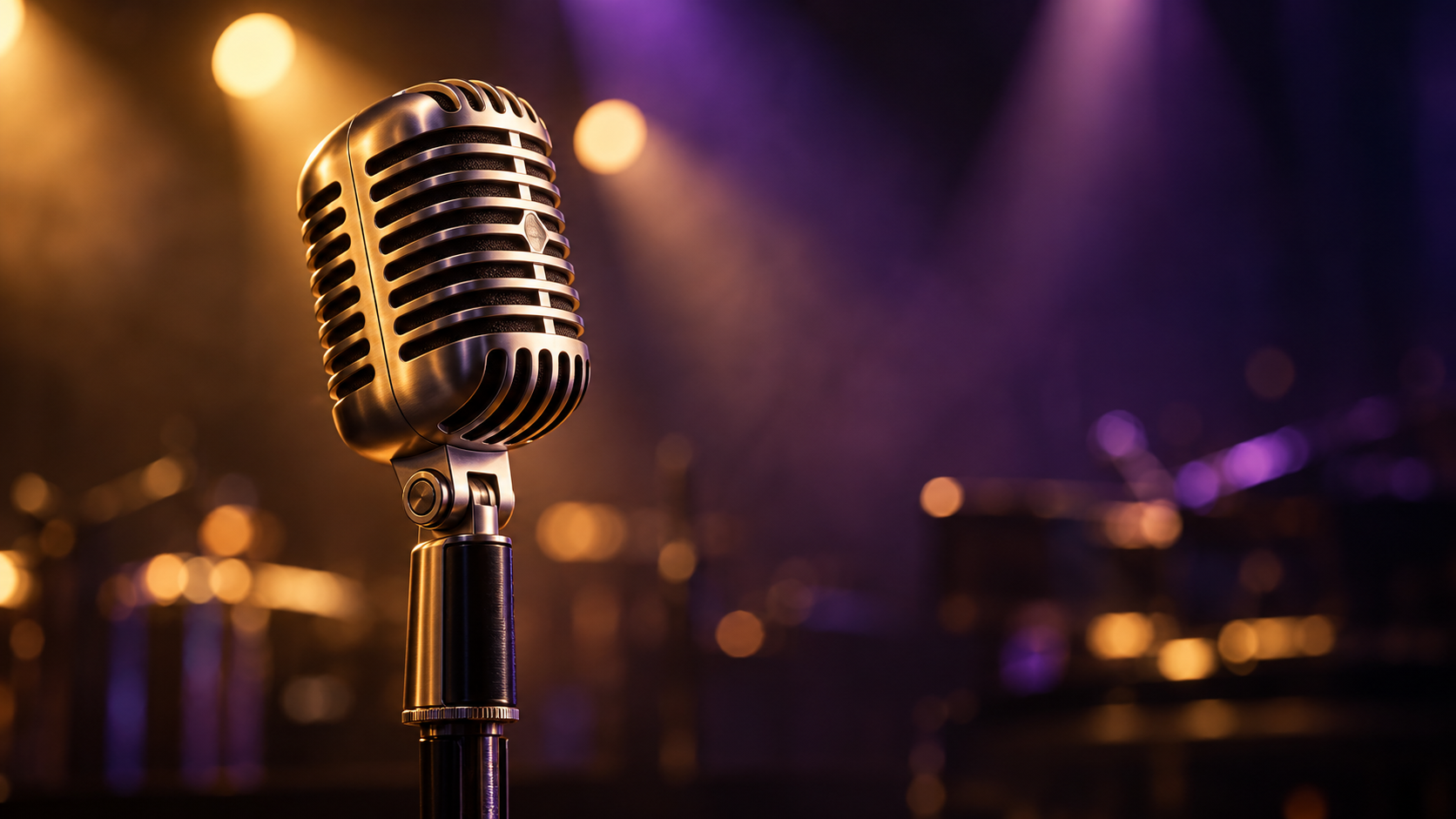 Vintage microphone under warm performance lighting