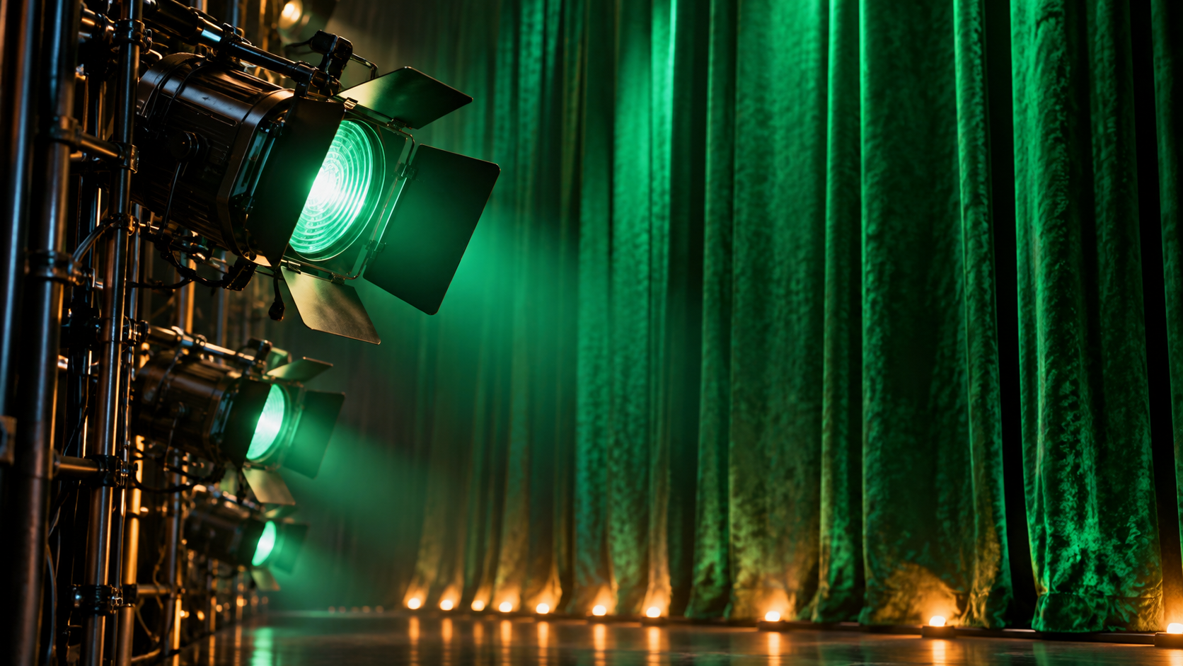 Theatre lighting and stage curtains under green illumination