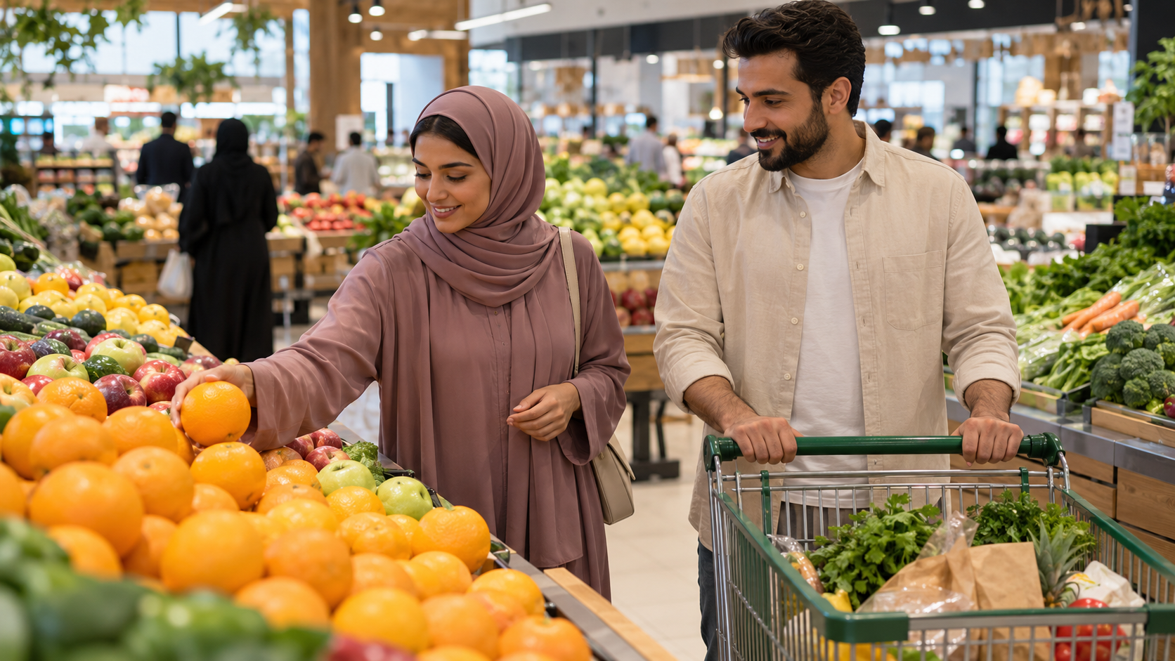 A couple choosing fresh produce in a supermarket