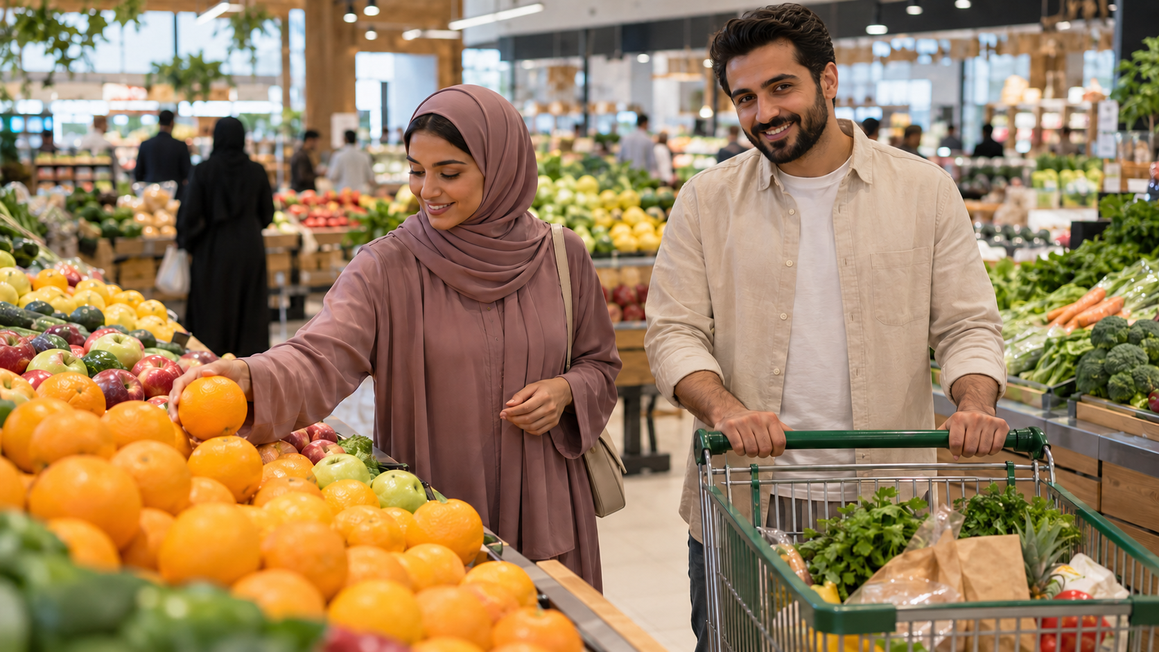 A couple choosing fresh produce in a supermarket