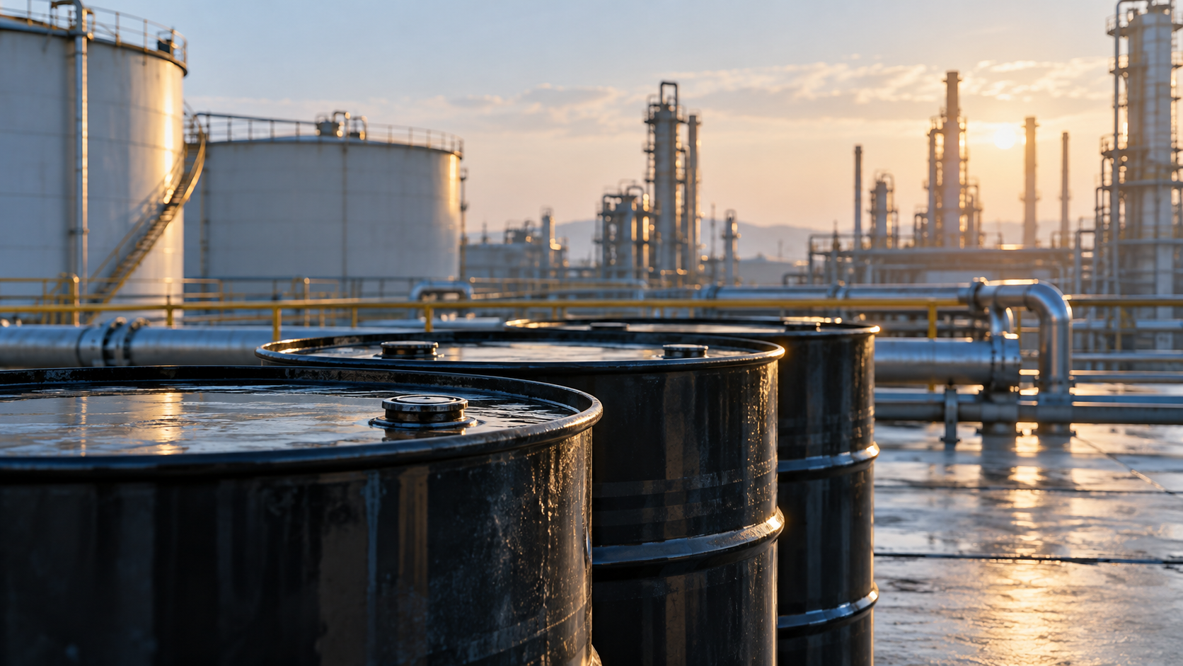 Sealed oil drums with storage tanks in the background