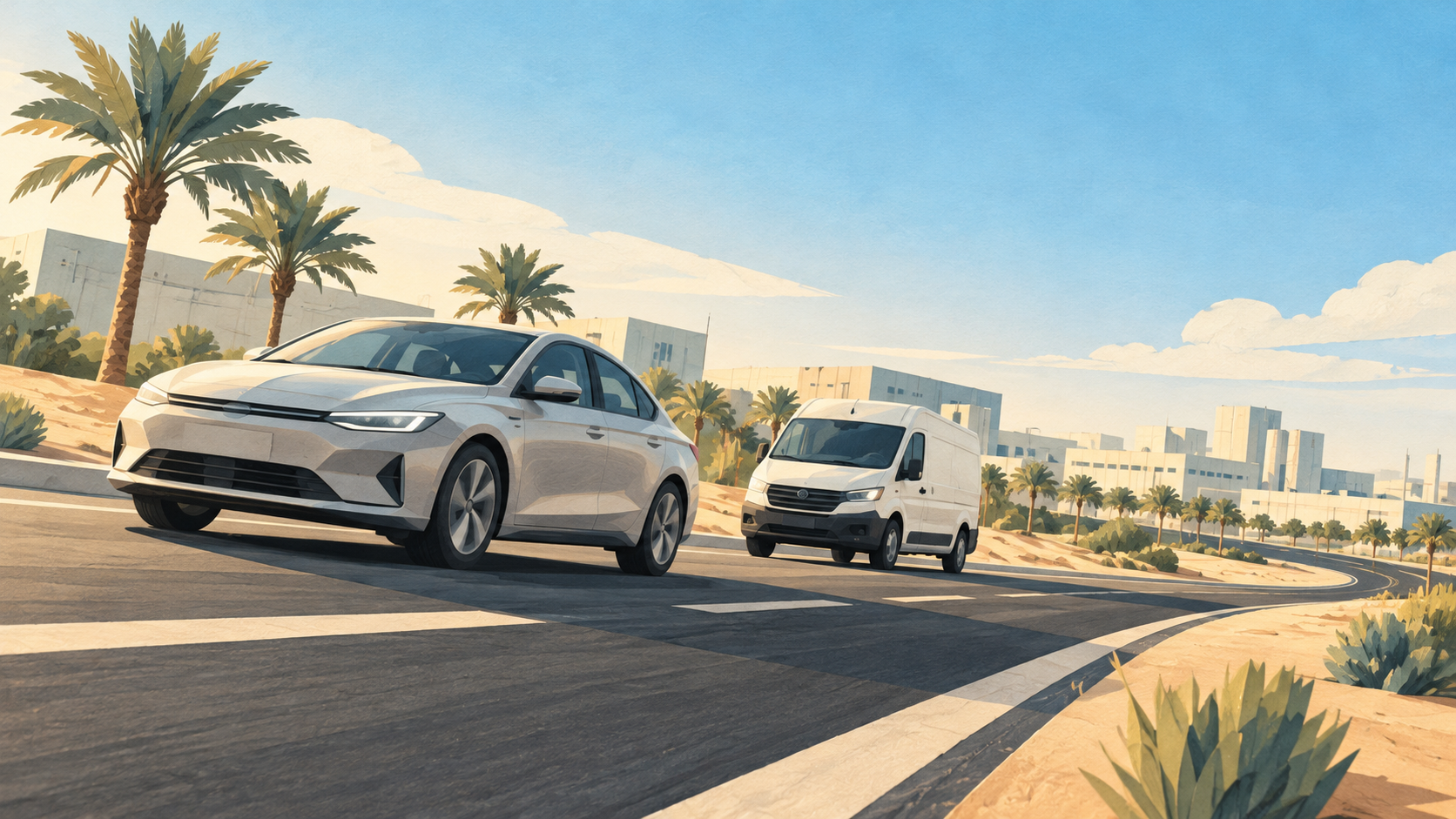 Stylised illustration of vehicles travelling along a road