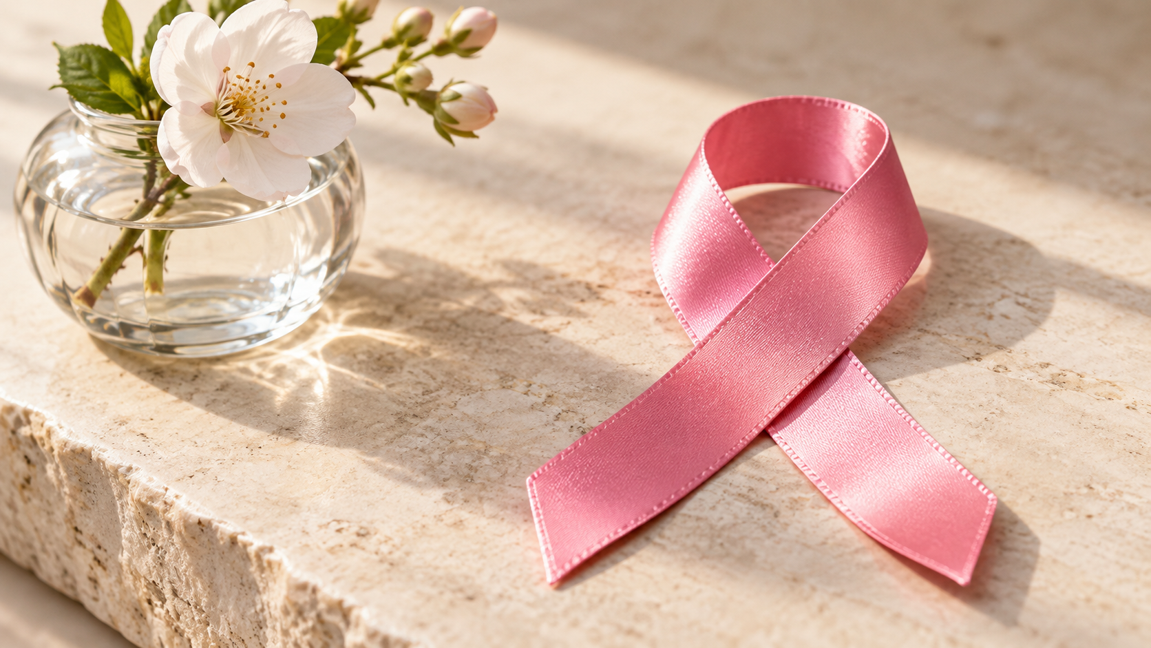 Pink satin awareness ribbon beside white blossoms on a stone surface