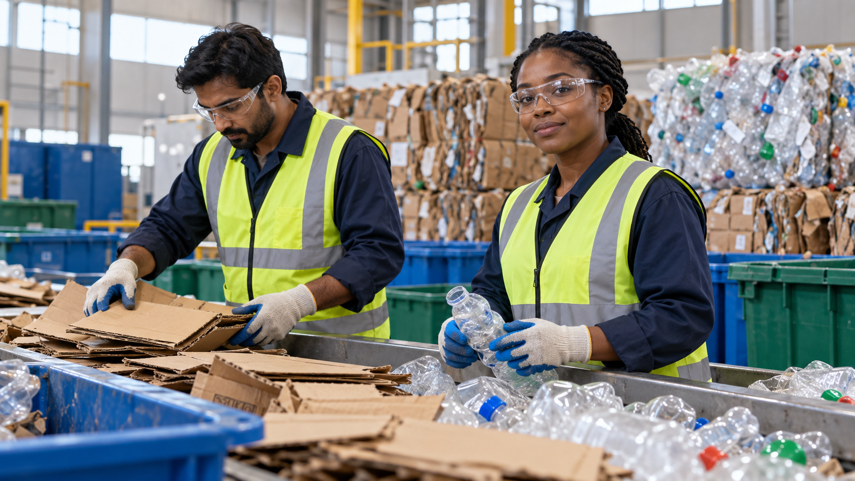 Two workers sorting cardboard and plastic bottles for recycling
