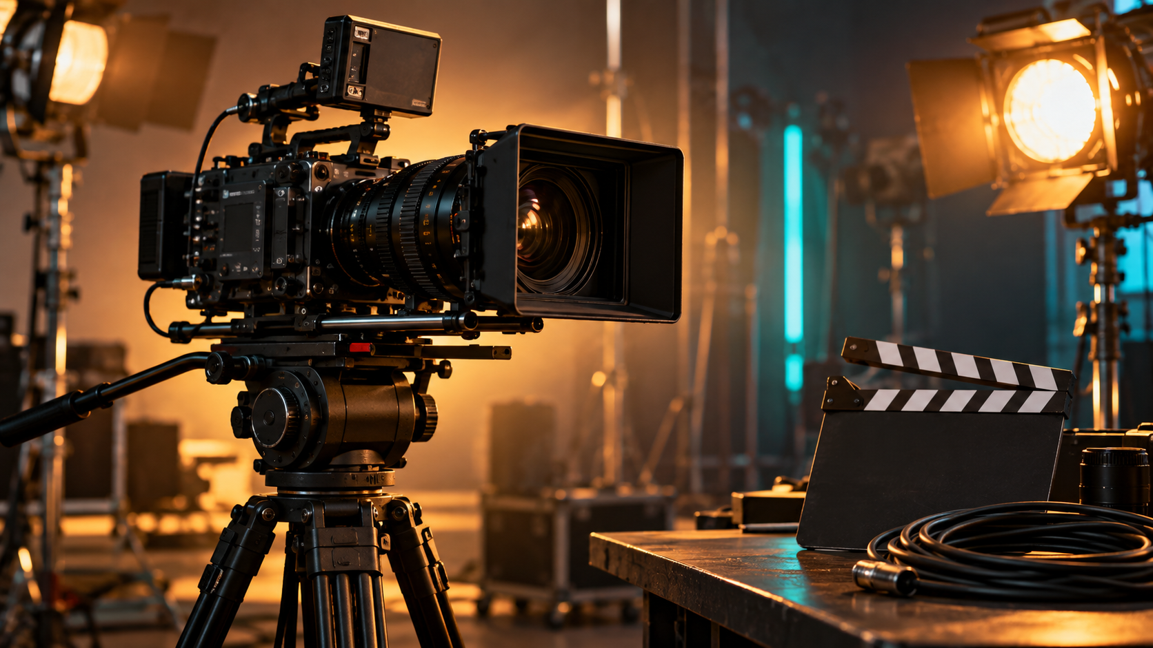 Cinema camera and blank clapperboard in a studio