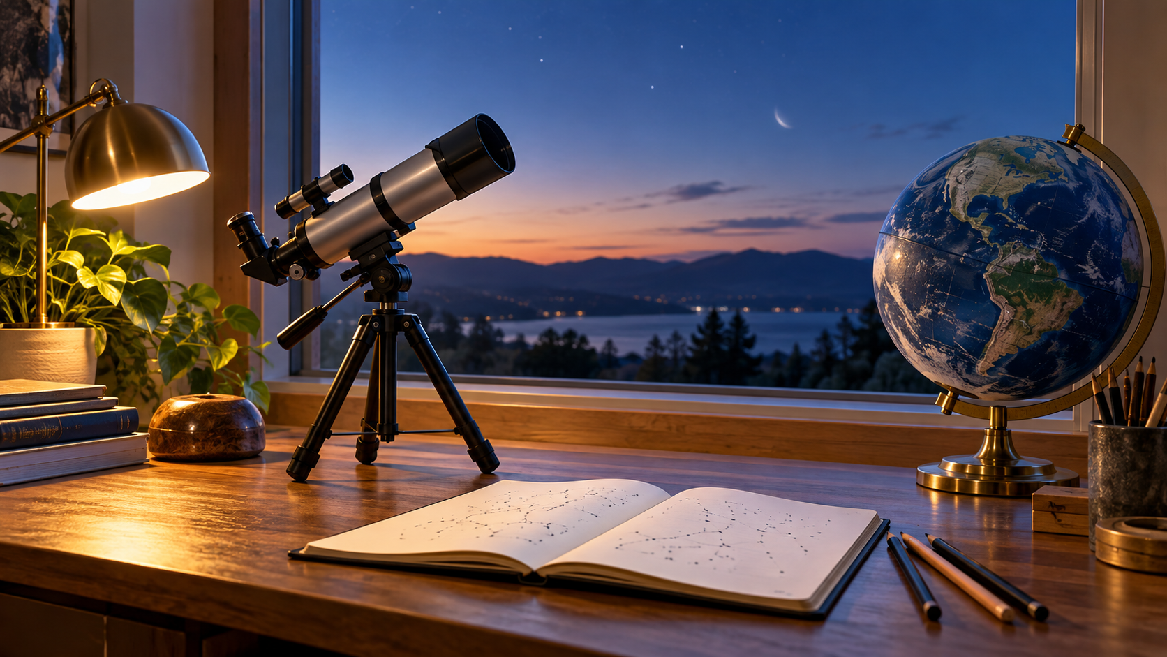 Telescope, globe and open notebook on a desk at twilight