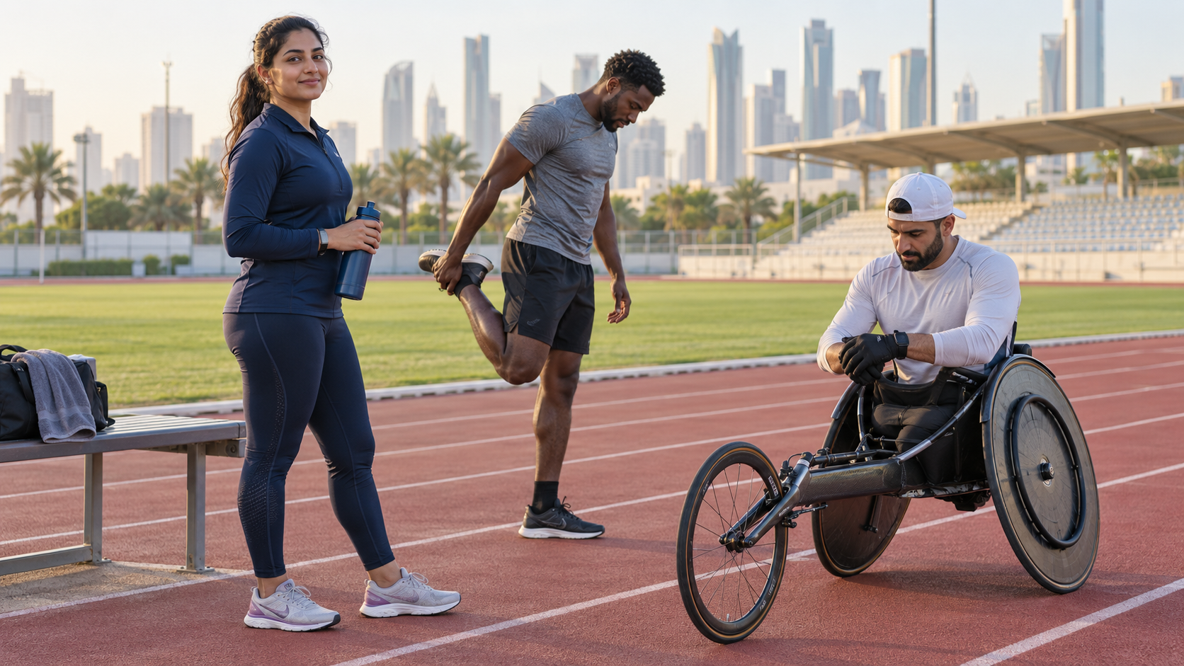 Three adults preparing for training on an athletics track, including a wheelchair athlete