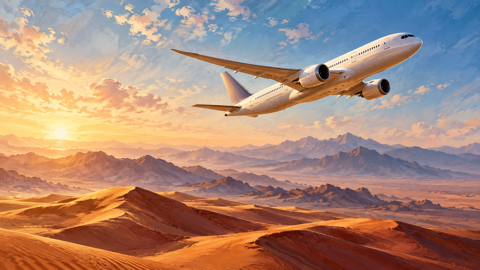 Editorial aviation illustration of an aircraft above a desert landscape
