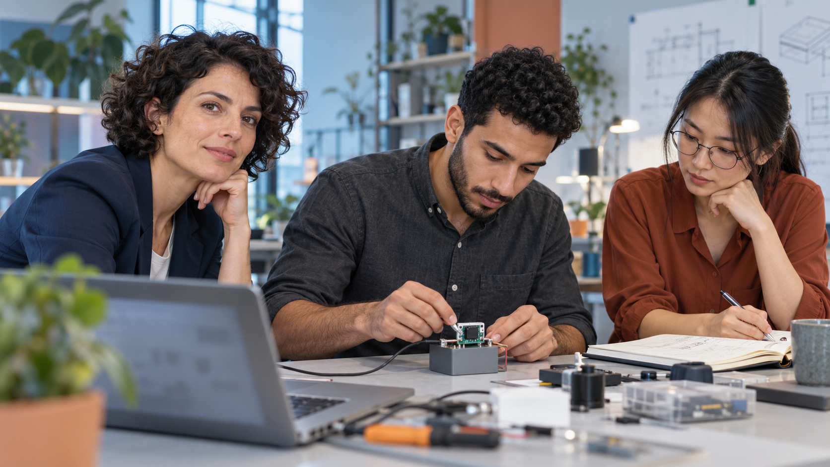 Three adults working on electronics at a shared workspace