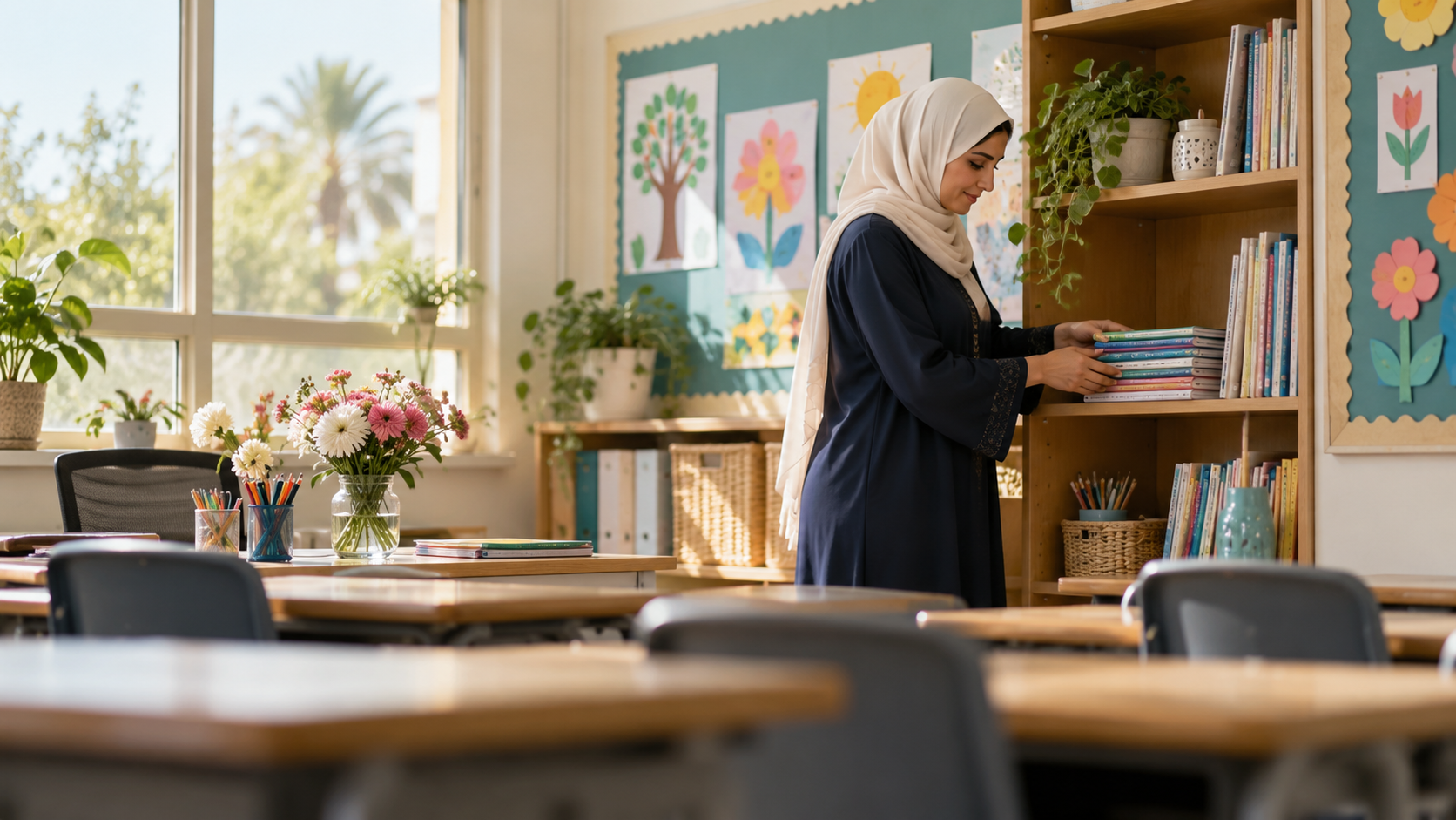 A teacher arranging books on a classroom shelf