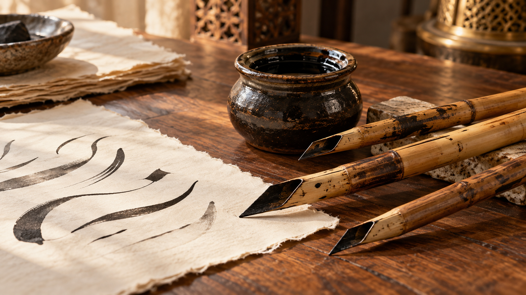 Reed calligraphy pens, black ink and practice strokes on handmade paper