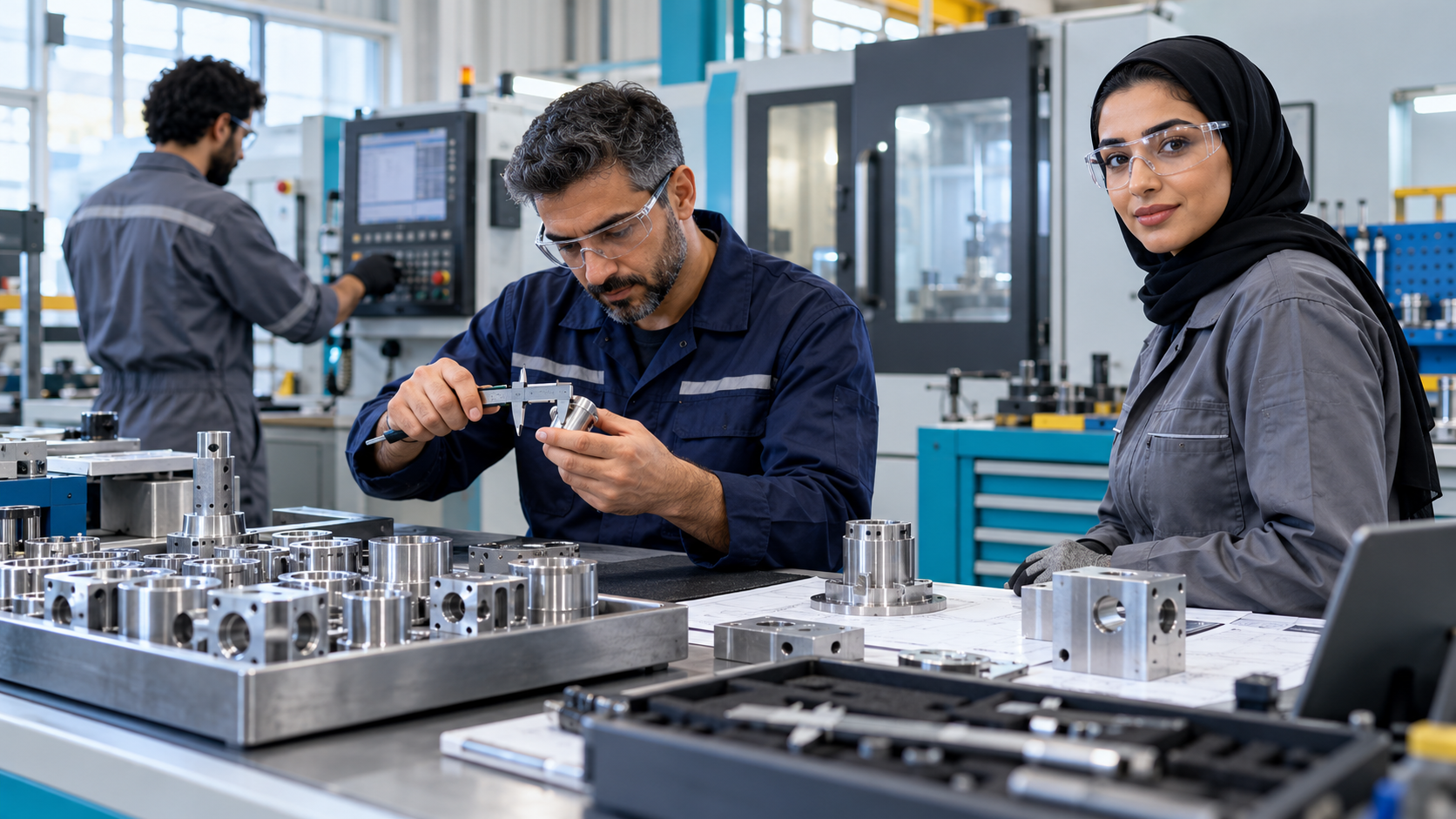 Three adults inspecting precision metal components in a workshop