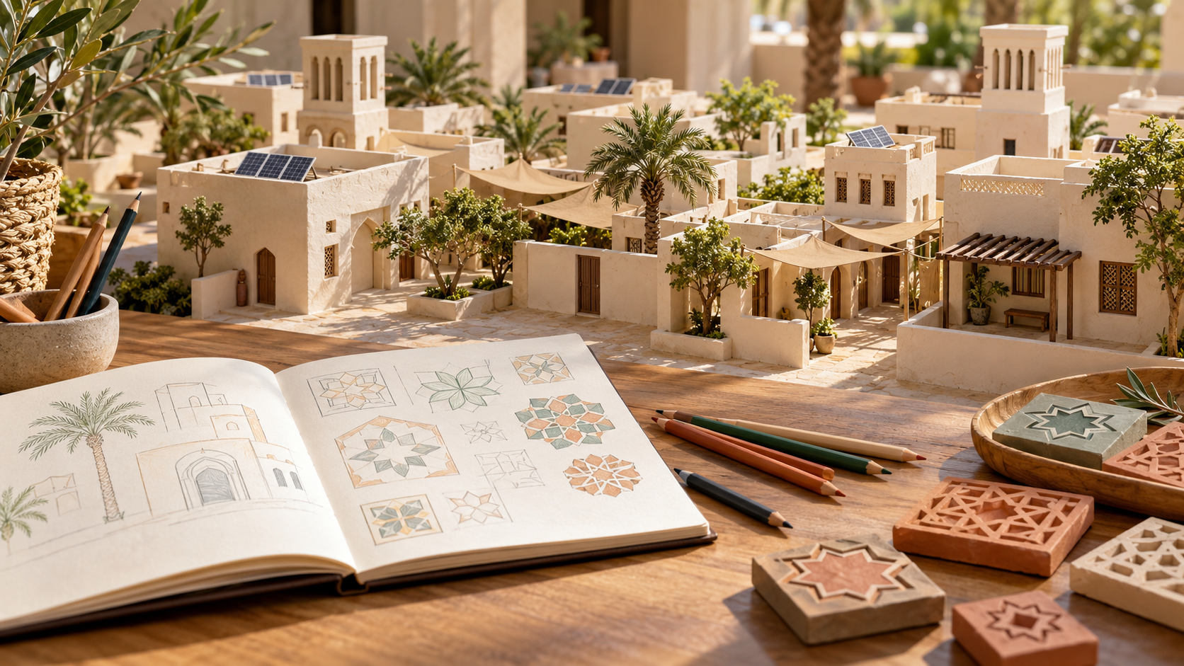 Miniature courtyard houses, activity notebook and geometric clay tiles