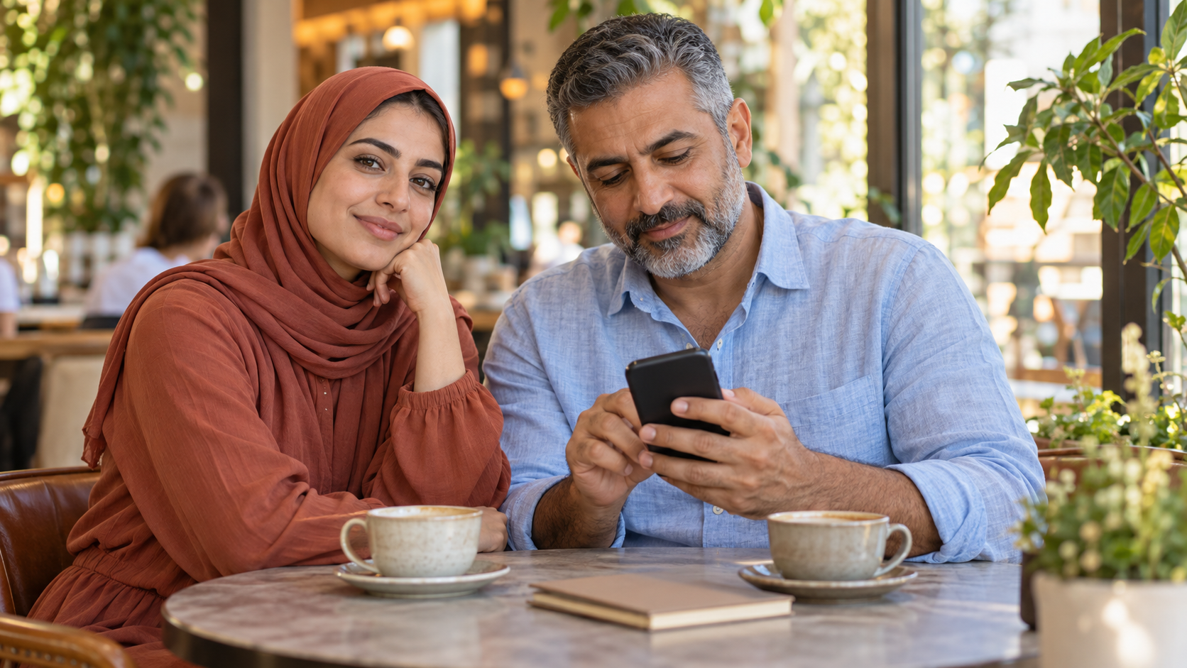 A man using a smartphone beside a woman at a cafe table