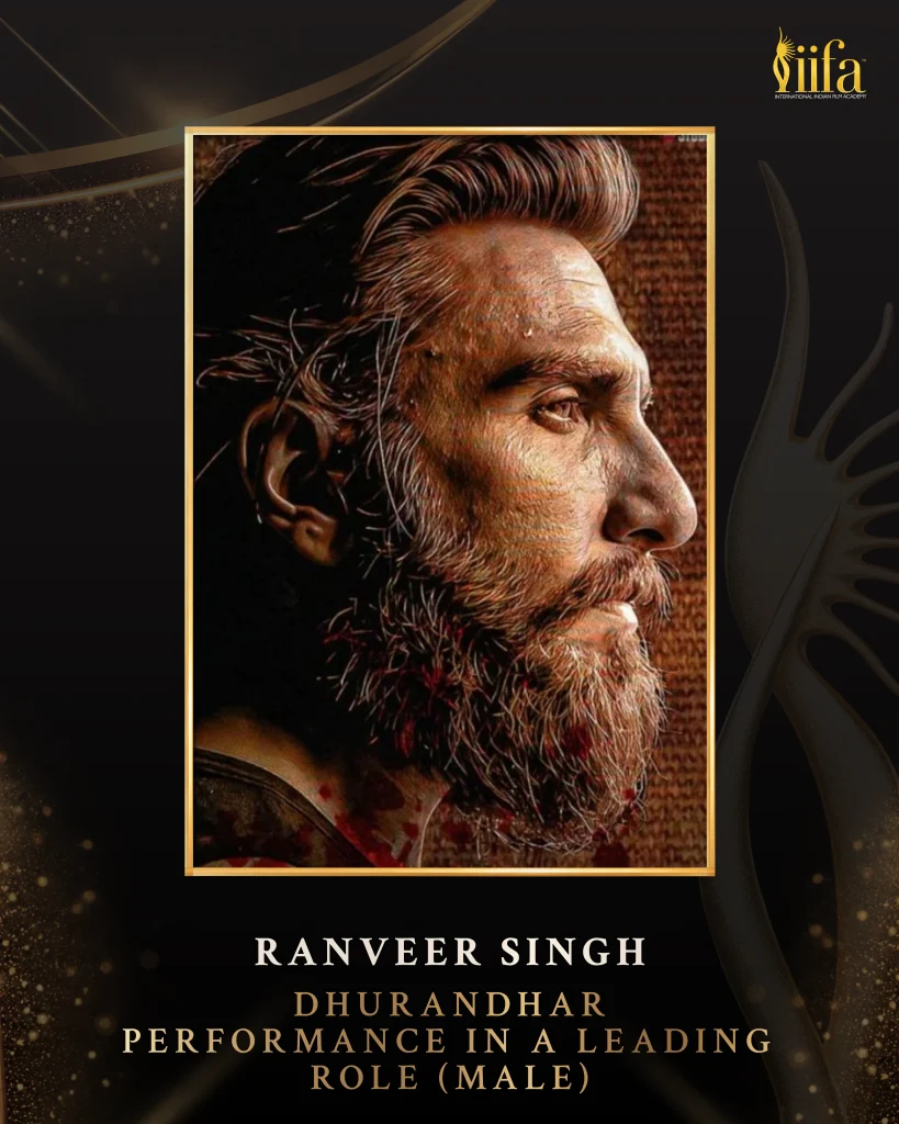 Ranveer Singh in IIFA 2026 leading actor winner artwork for Dhurandhar